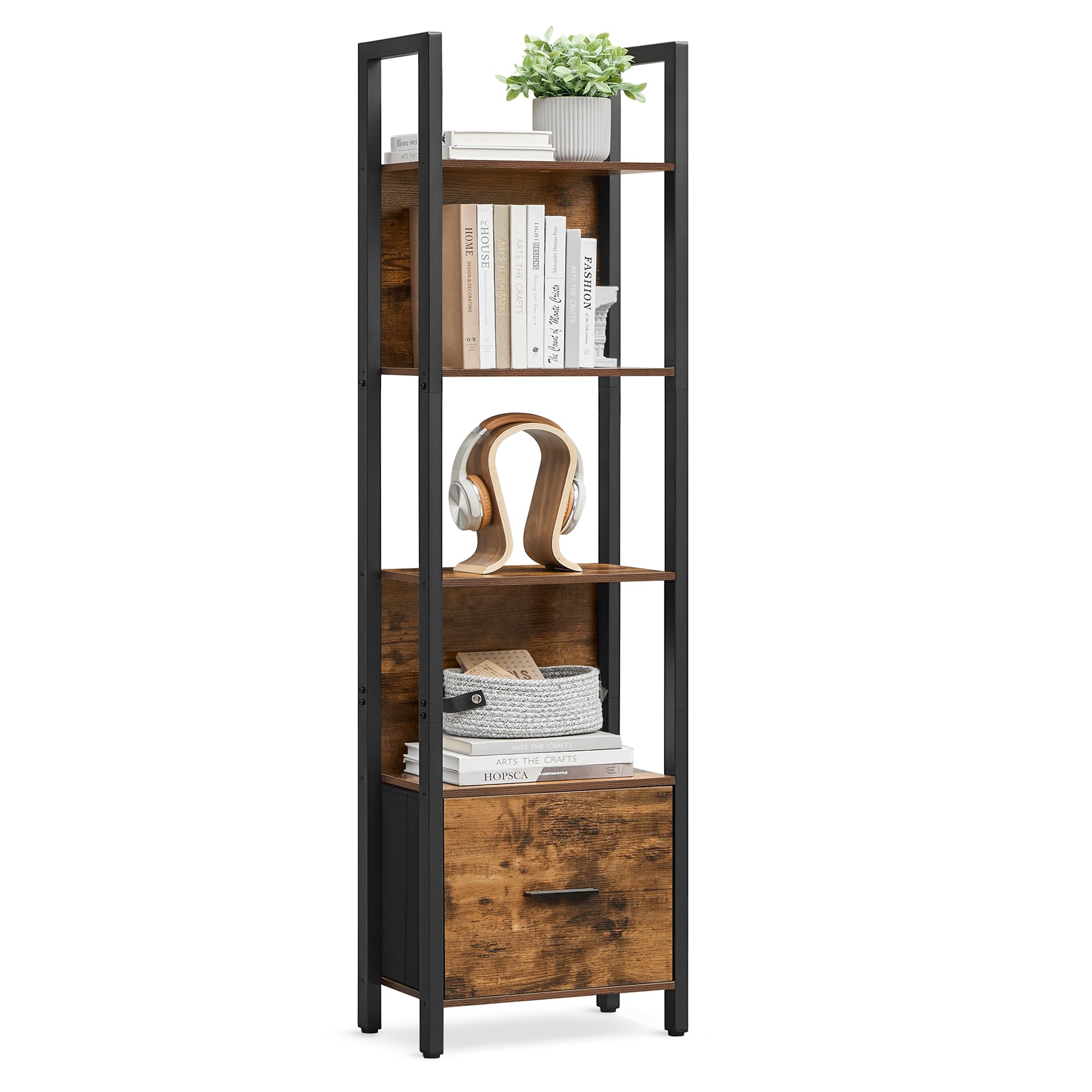 VASAGLE Bücherregal mit 5 Ebenen, Eckregal mit Schublade, Leiterregal, Industrial-Design, mit Stahlrahmen, für Wohnzimmer, Home Office, Schlafzimmer, 24 x 40 x 165 cm, vintagebraun-schwarz LLS146B01