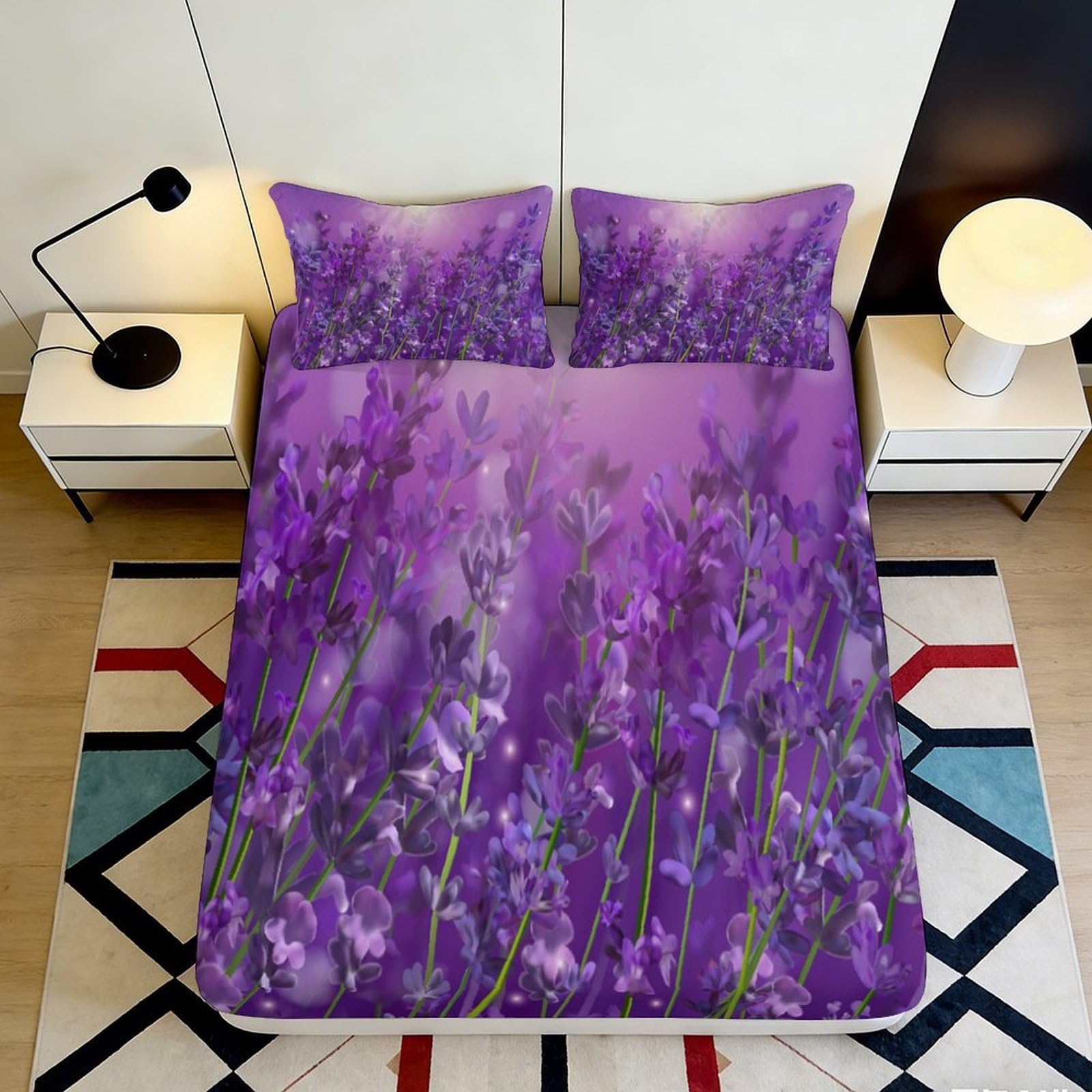 3D Printed Lavender Field Fitted Sheet Microfiber Soft Purple Floral Mattress Cover for Bedroom Guest Room Decor 90x200x25cm