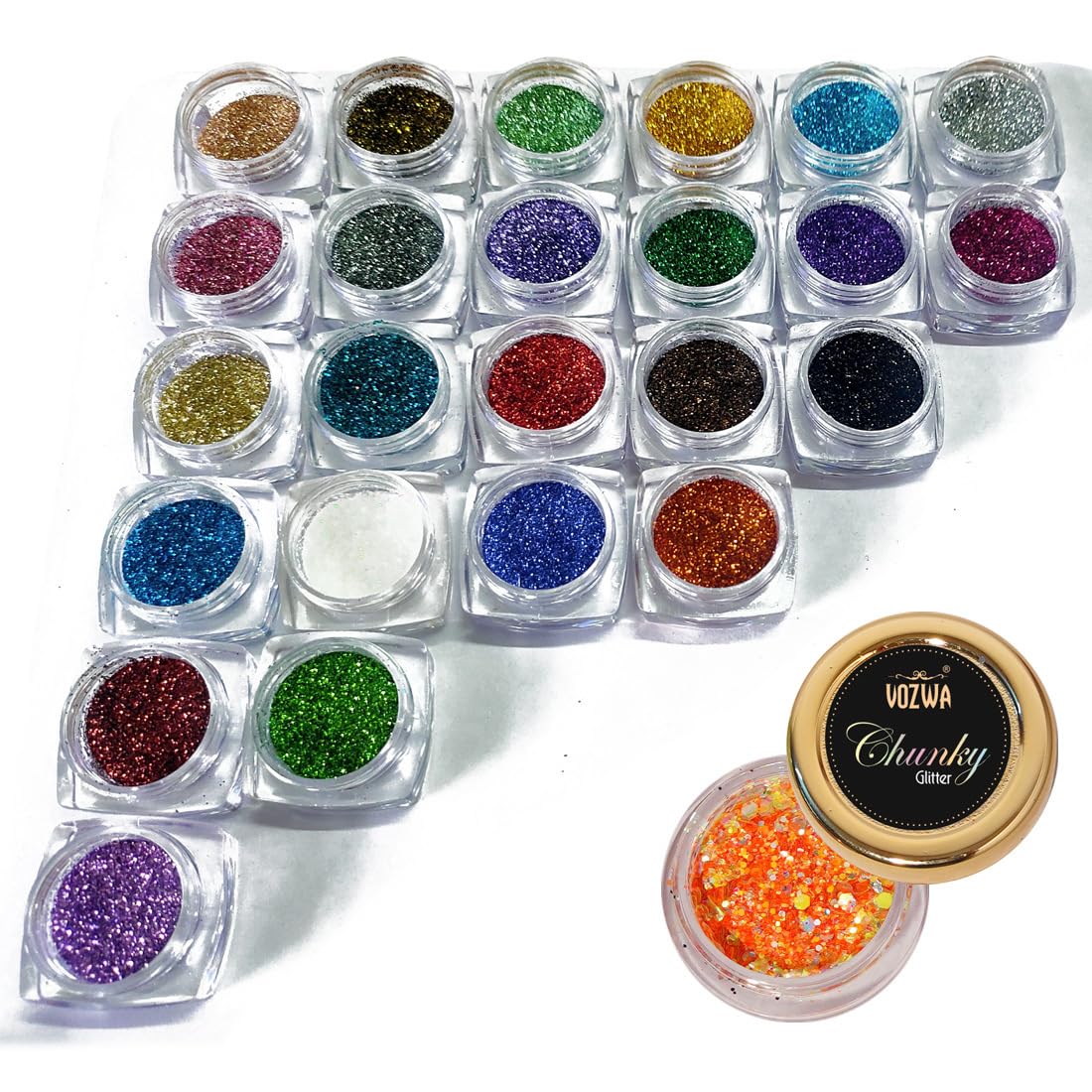 25 Sparkle Loose Glitter Eyeshadow + 1 Professional Oragnge Chunky Glitter