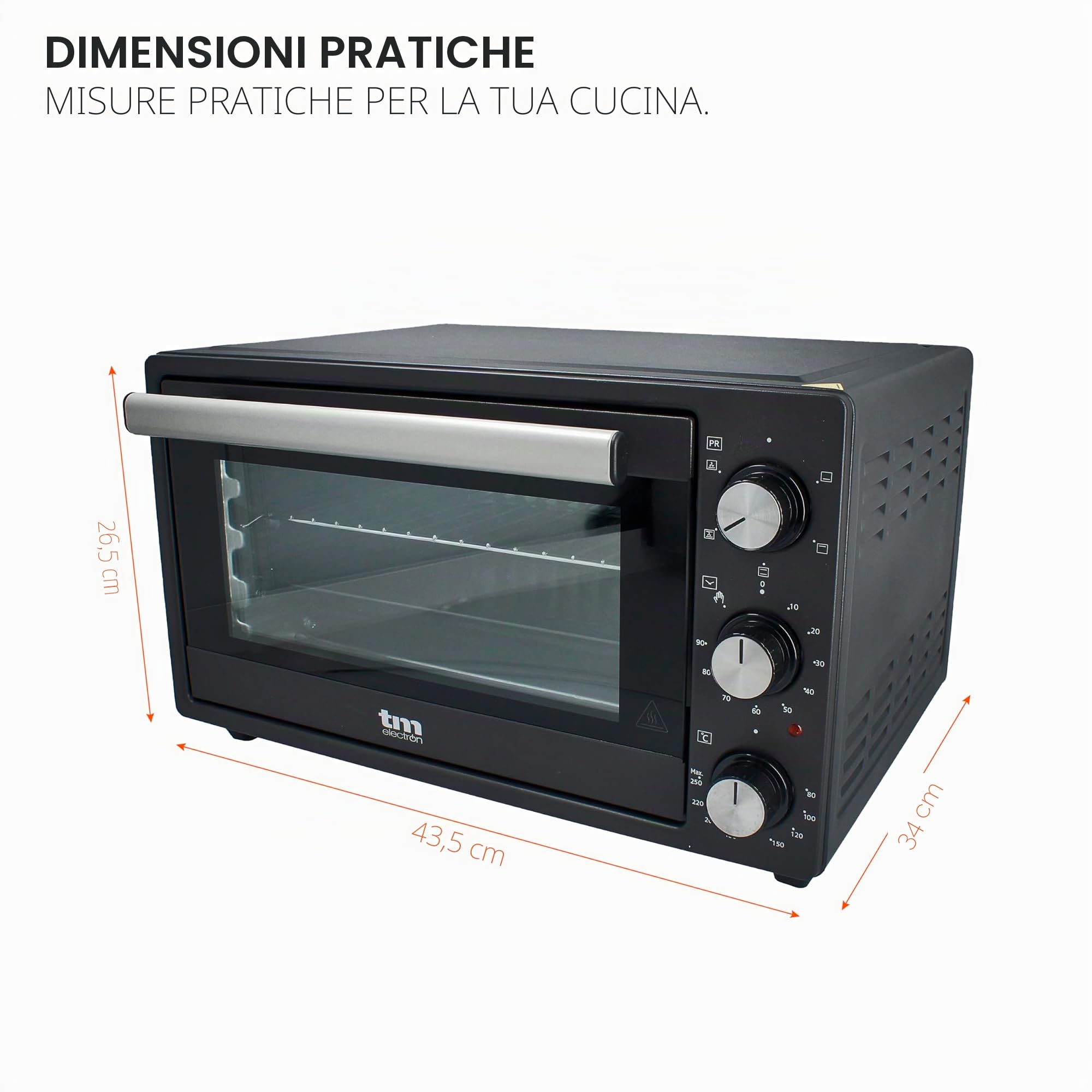 TM Electron TMPHO020 - Forno a convezione da tavolo, 5 funzioni, capacità 20 litri, timer 90 minuti, temperatura regolabile da 80° a 250°, 1500W