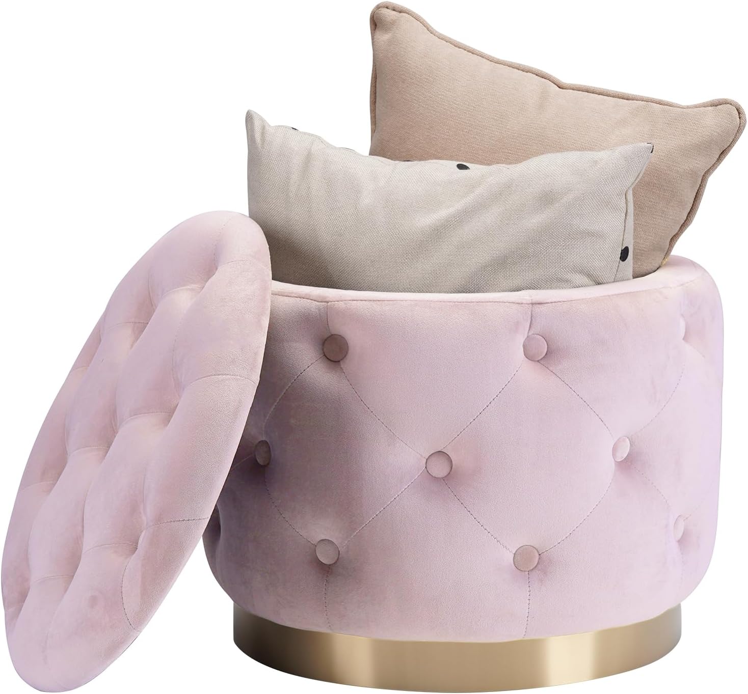 Button Tufted Velvet Round Storage Ottoman, Modern Upholstered Foot Rest Stool with Gold Plating Base, Accent Coffee Table seat for Living Room, Bedroom (Beige)