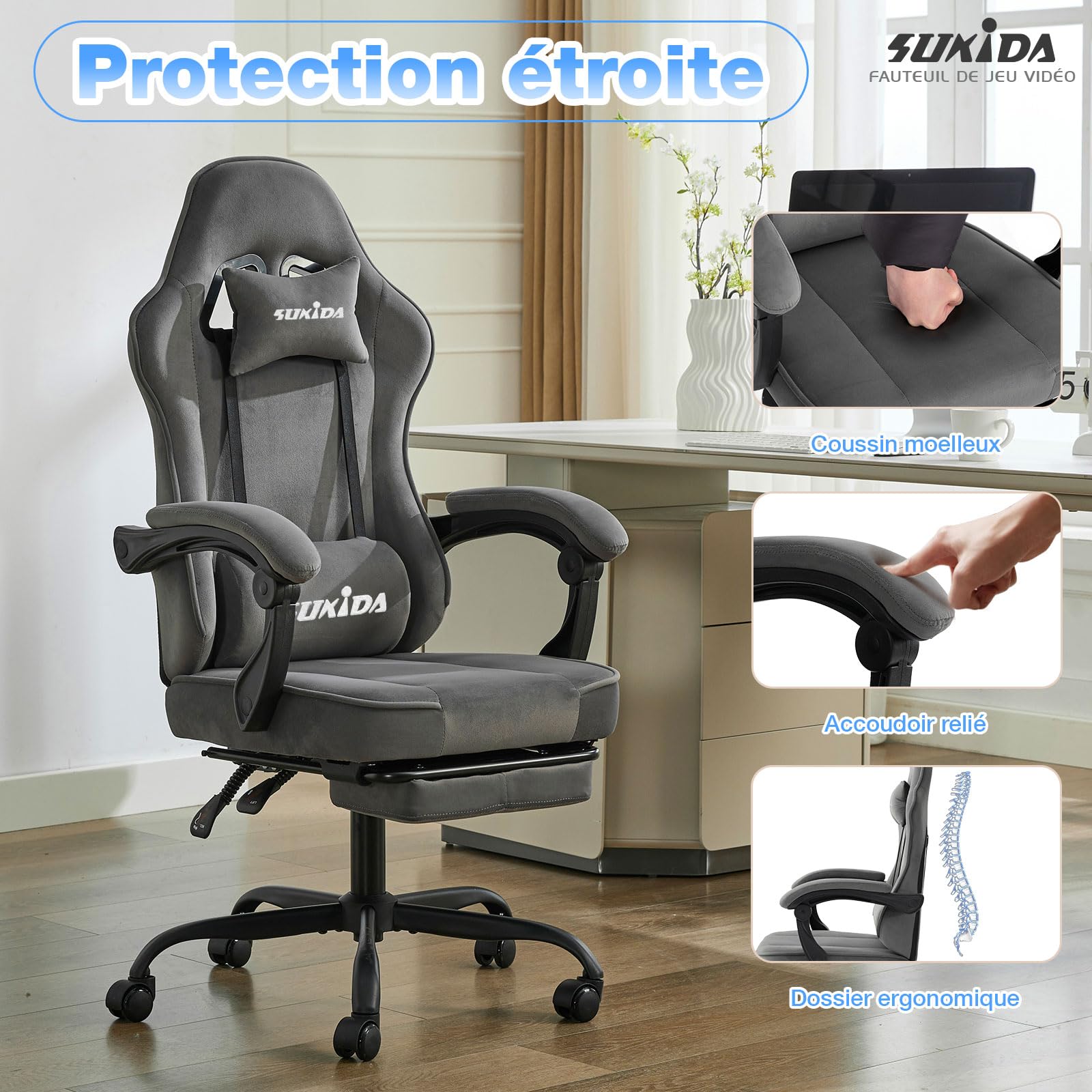 SUKIDA Chaise de gaming en tissu, Chaise de gaming ergonomique avec repose-pieds, Chaise de course informatique réglable avec support lombaire, Gris Chaise PC ergonomique