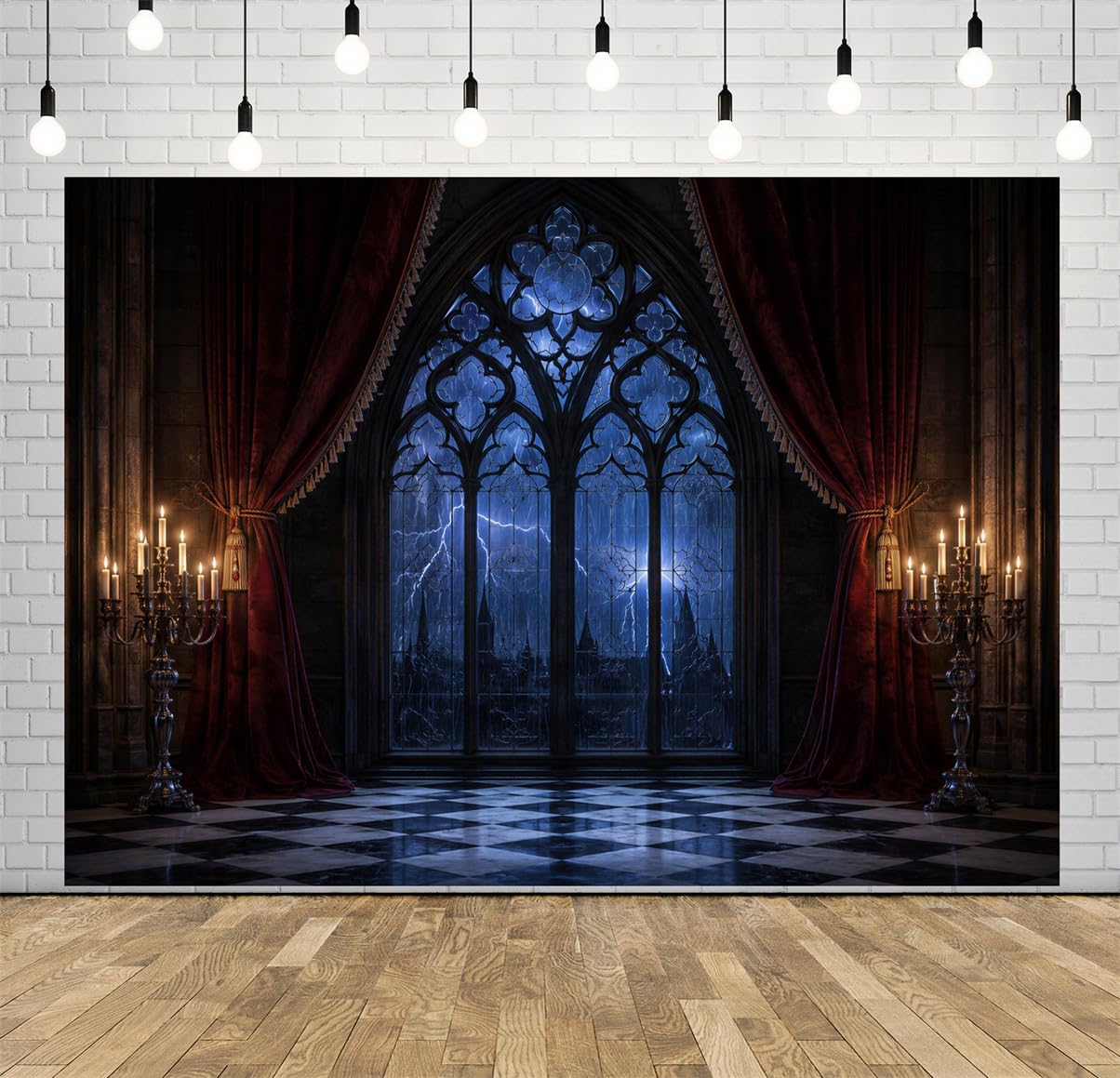 BELECO 3x2.5m Sfondo in tessuto Camera Castello Gotico Halloween | Finestra In Vetro Ad Arco Spaventosa Tempesta Tenda Candeliere Sfondo Medievale Oscuro Orrore Telo Di Sfondo