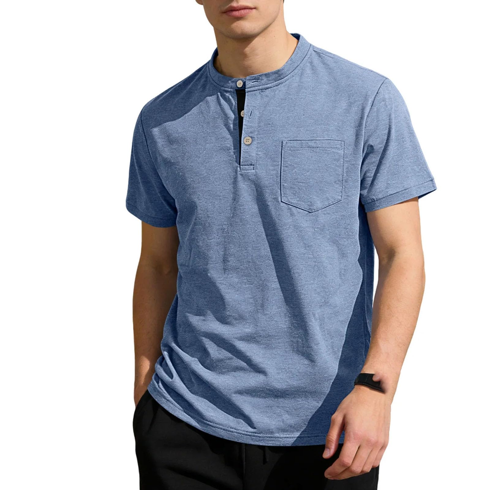 Camiseta de manga corta con botones de color puro para hombre, 80 % algodón, 20 % lino, cómoda y ajustada, para uso diario