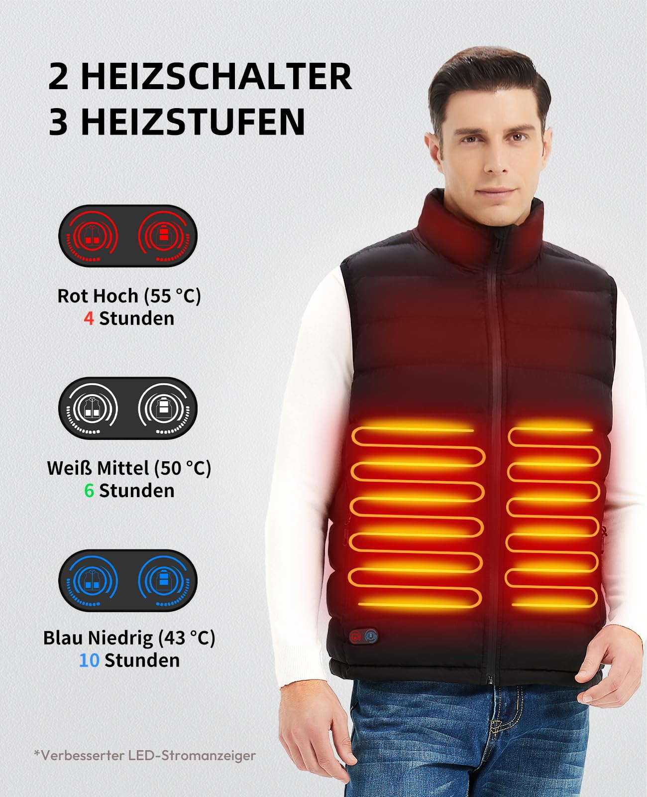 Beheizbare Weste - heizweste herren mit Akku - USB-Heizung mit 10000mAh Powerbank - 4 Zonen-Heizung mit 3 Temperaturstufen - elektrische Wärmeweste für Winterwanderungen - maschinenwaschbar
