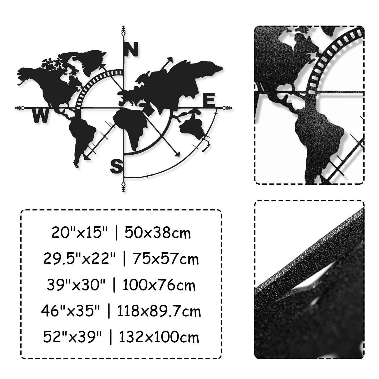 Genérico Mapa del Mundo de Metal para Pared, decoración rústica para Sala de Estar, 52x39 Pulgadas, Color Negro.