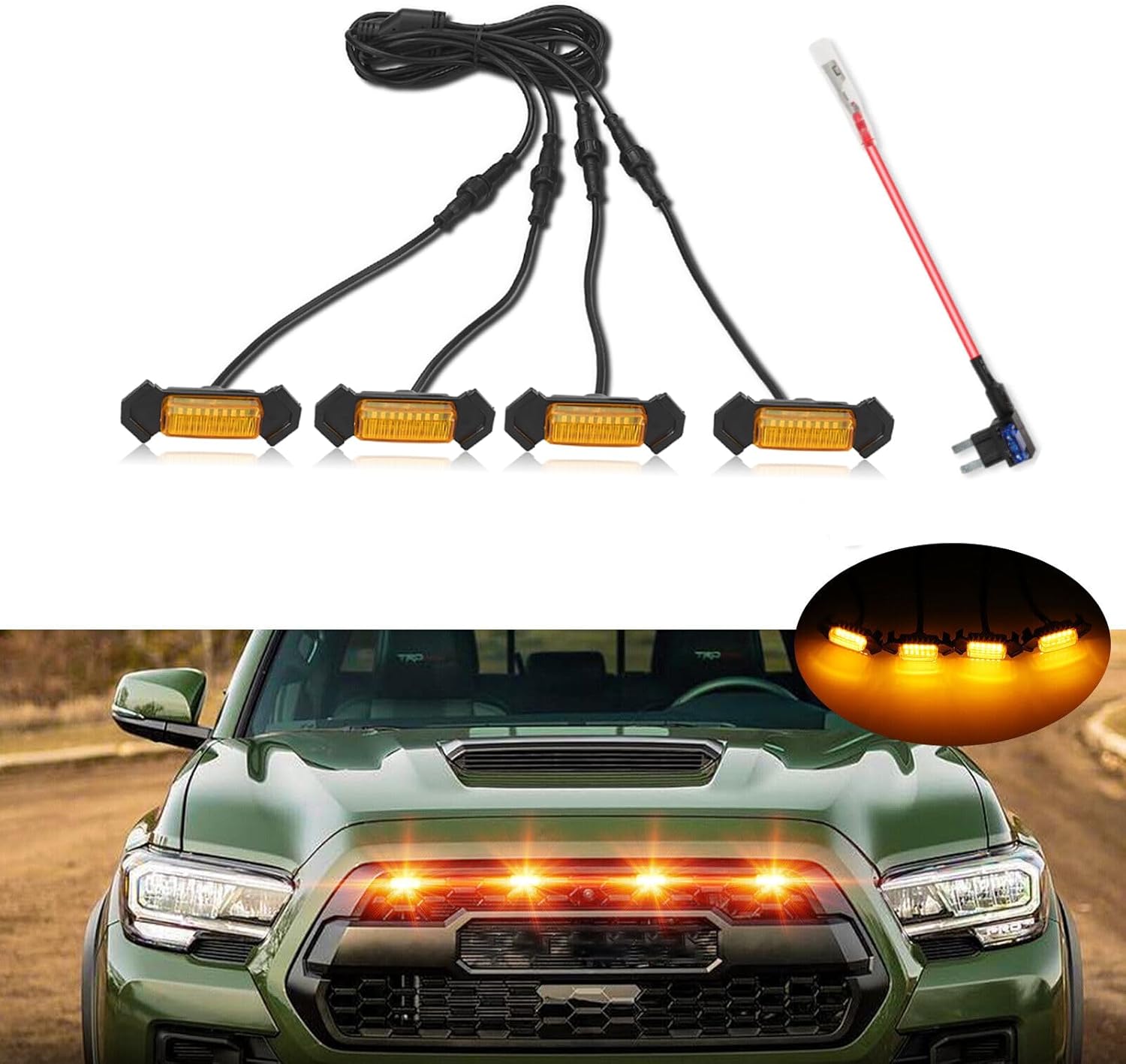 4PCS LED Grille Lights Amber Lights with Fuse for Tacoma TRD PRO Front Grille 2016+