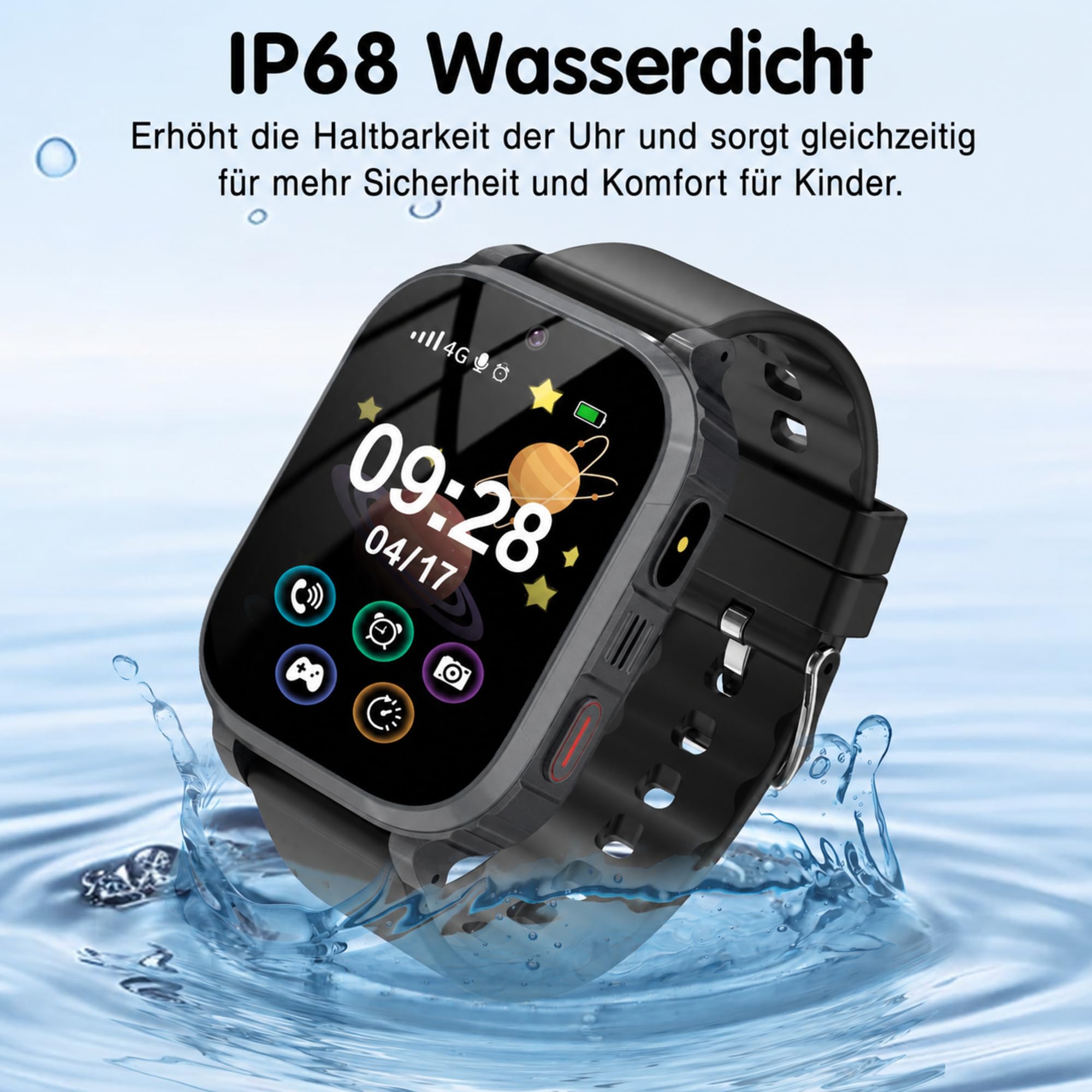 Smartwatch Kinder GPS, SOS, 4G Videoanruf, Schulmodus, WiFi Ortung, IP68 (Schwarz GPS)