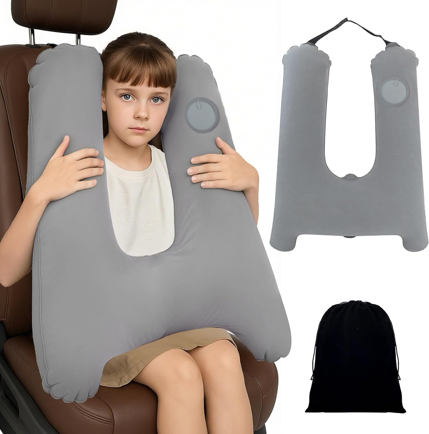 Car Pillow Inflatable Travel Pillows for Car Sleeping, Neck Head Support Pillows for Car Seat, Boys Girls Adults Trip on Road Necessities, Adjustable Length, Foldable, Portable