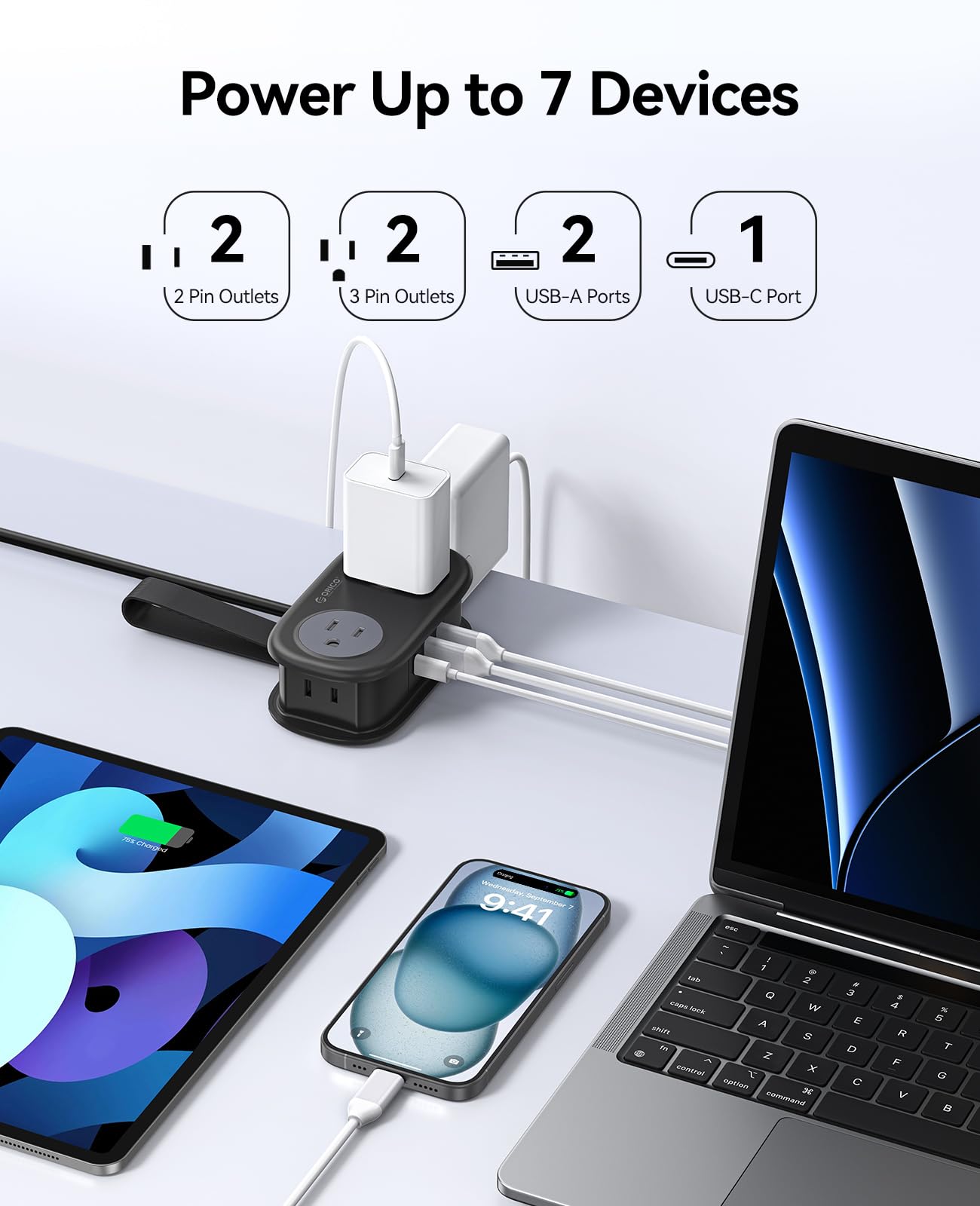 ORICO Travel Power Strip PD20W with 4 AC Outlets 3 USB Ports (1 USB-C), 4FT Flat Plug Extension Cord, Compact Portable Design for Business Travel, Cruise Ship Essentials(Black)