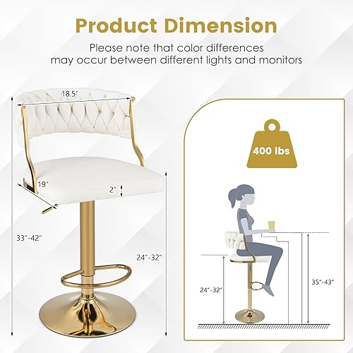 Miniatura 3 de COSTWAY Juego de 2 taburetes de bar ajustables de terciopelo, carga máxima, 400 libras, modernos taburetes giratorios tapizados con respaldo tejido,