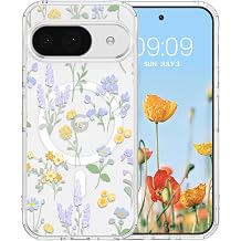 RALEAVO for Google Pixel 9/9 Pro Case Compatible with MagSafe Strong Magnetic Clear Floral Cover for Girls Women Slim Hard Back Protective Phone Case for Google Pixel 9/9 Pro,Clear/Lavender