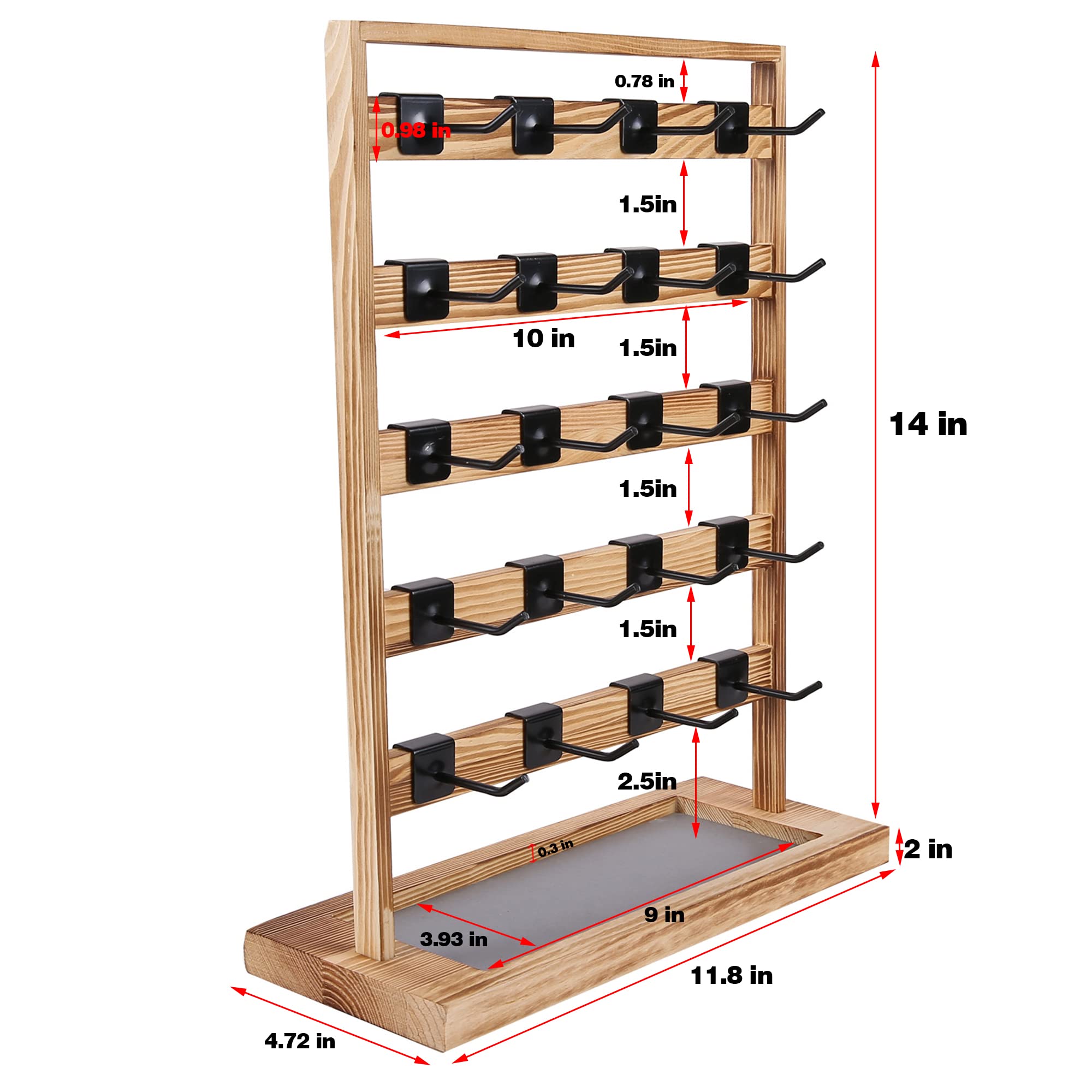 Fumingpal Earring Display Stands For Selling, Wooden Jewelry Display Rack With 20 Removable Hooks, 5-Tier Jewelry Organizer For Earring Cards, Necklaces, Bracelets, Keychains(Brown