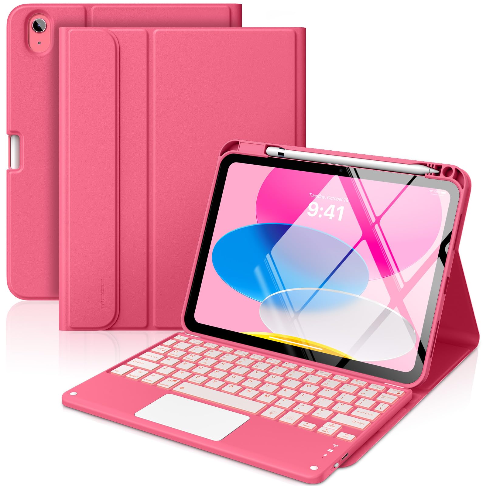 MoKo iPad 11ª/10ª Generación Funda con Teclado 2025/2024, 7 Colores Retroiluminación y Trackpad Multi-Touch, Teclado Desmontable Funda Folio Soporte con Soporte para Lápiz, Rojo