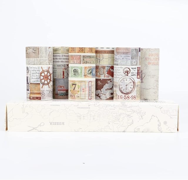 LGEGE 18 Rolls Vintage Washi Tape Set,75/50/30/25/20/15/10/5 mm Wide,Fire Balloon Map Old Newspaper Antique Stamp Letter,Retro Masking Tape Décor for Scrapbook,DIY Craft (2m)