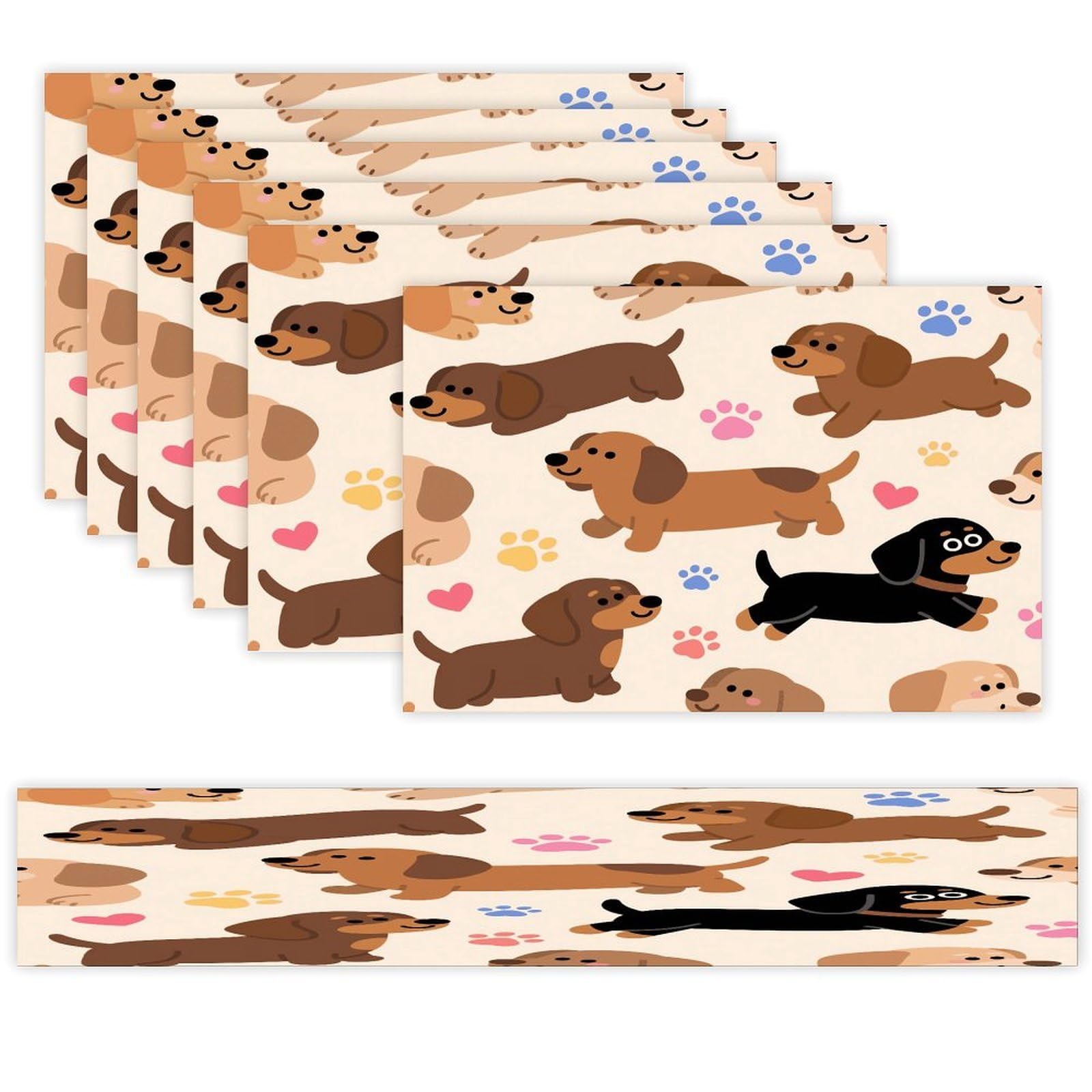 Dogs Table Runner and Placemats Set of 7 Linen Table Mat Non-Slip Place Mats Washable Placemat Heat Resistant Place Mat with Table Runner for Party Dining Decor