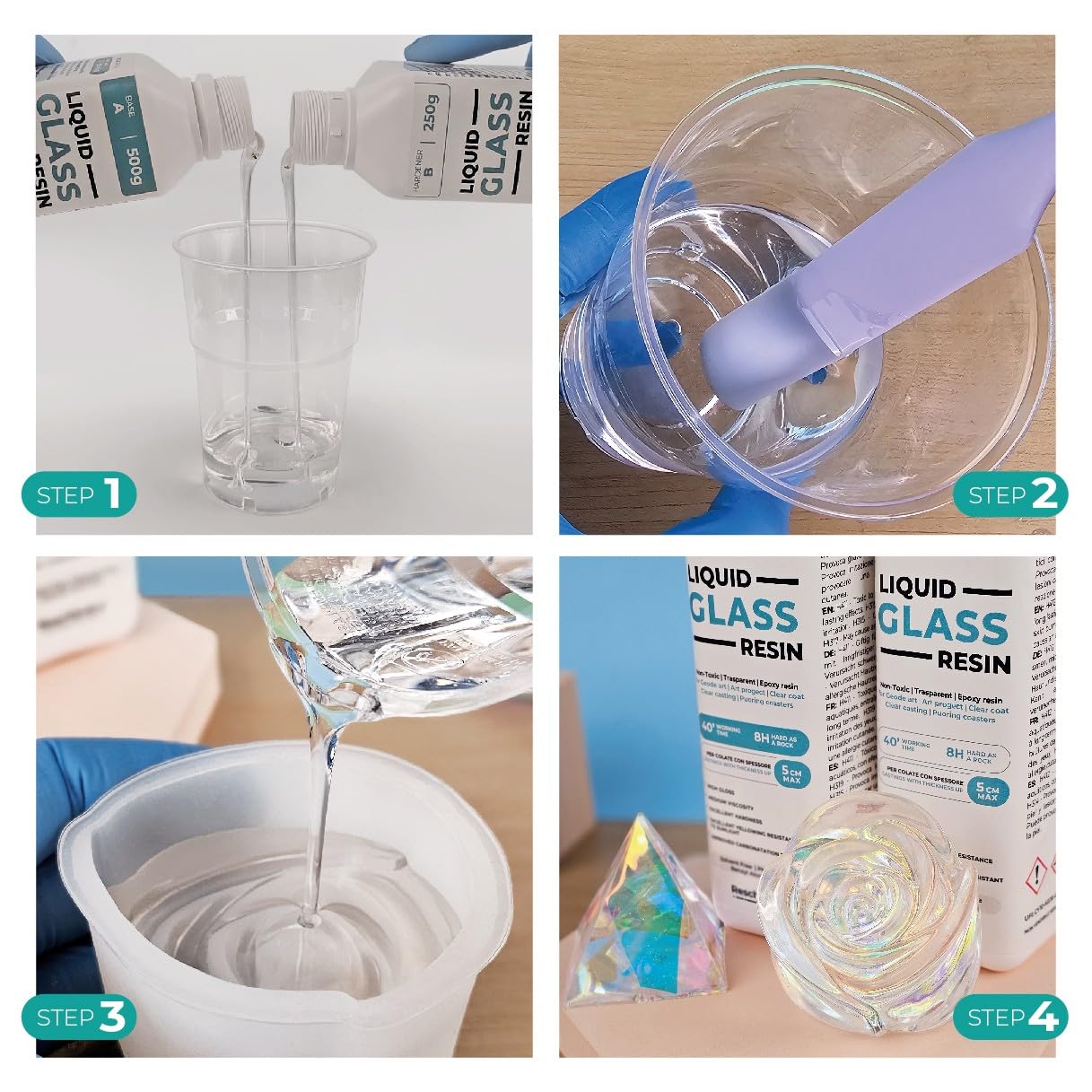 Resina epossidica trasparente, effetto vetro - Perfetta per bricolage, gioielli e modellismo. Colorabile e facile da usare - Liquid Glass Resin (750 gr)