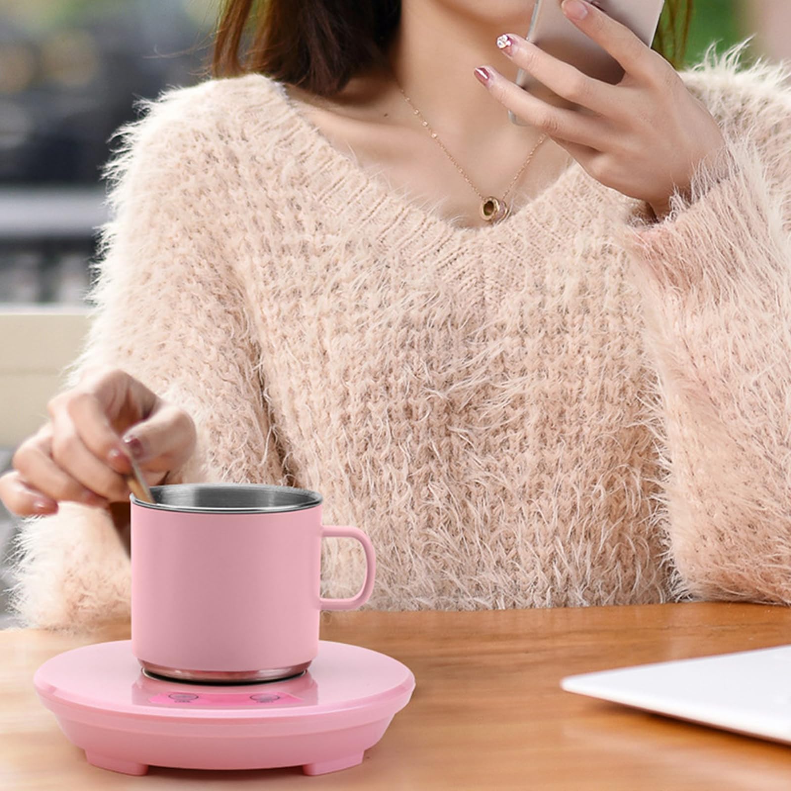 Calentador de Tazas portátil 55 °C con Temperatura Constante y botón de Calor frío, Calentador de café para Escritorio, Taza de Acero Inoxidable