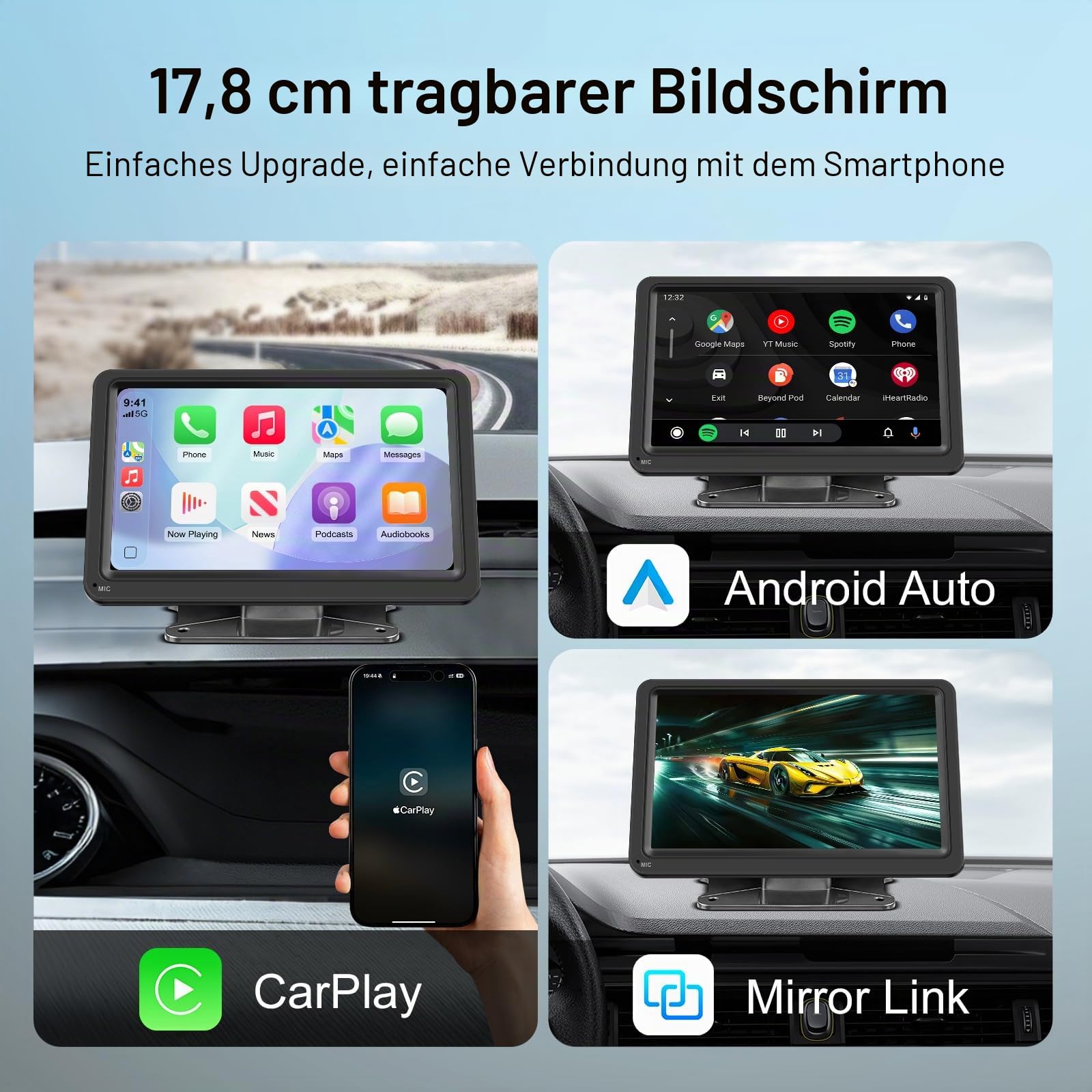 7 Zoll Tragbarer CarPlay Bildschirm mit Wireless Android Auto IPS Display | Mirror Link Tag-Nacht-Modus Bluetooth FM Transmitter AUX Eingang 12-24V Fahrzeuge und kompaktes Design für einfache Montage