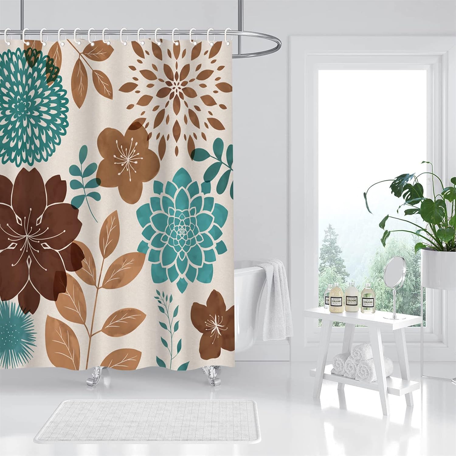 RnnJoile Teal and Brown Shower Curtain Turquoise and Teal Blue Flower Curtain for Bathtub Taupe Floral Bathroom Decor with Hooks 72"X72" Inches