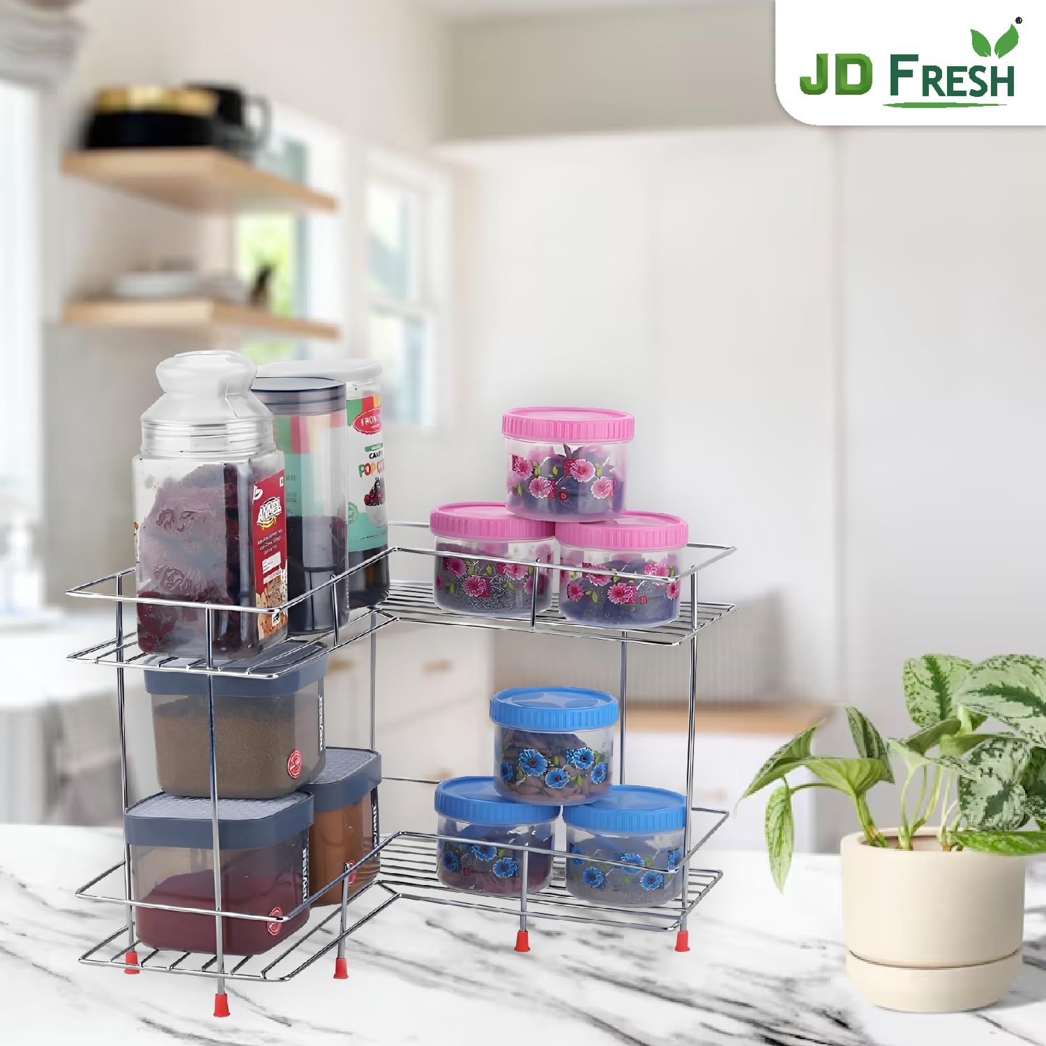 JD FRESH Stainless Steel 2 Tier Corner Kitchen Storage Spice Rack/Multipurpose Masala Stand for Kitchen/Space Saver Rack/Modular Storage Rack (Pack of 1) 4