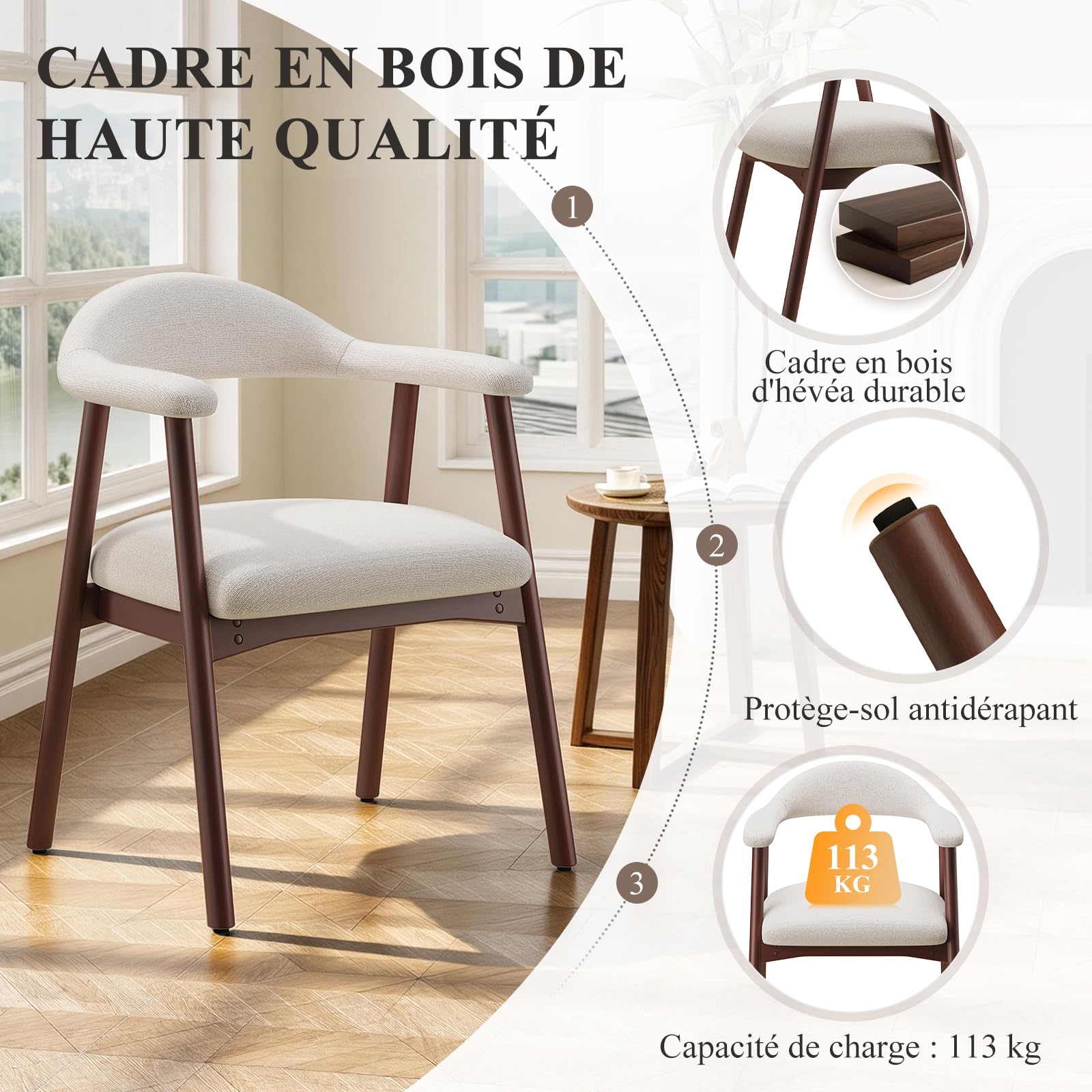MALOL Lot de 4 chaises de Salle à Manger avec accoudoirs, Chaise rembourrée en Tissu Dossier incurvé et Pieds en Bois, Style Moderne des années 50 pour Cuisine et Salle à Manger, Beige