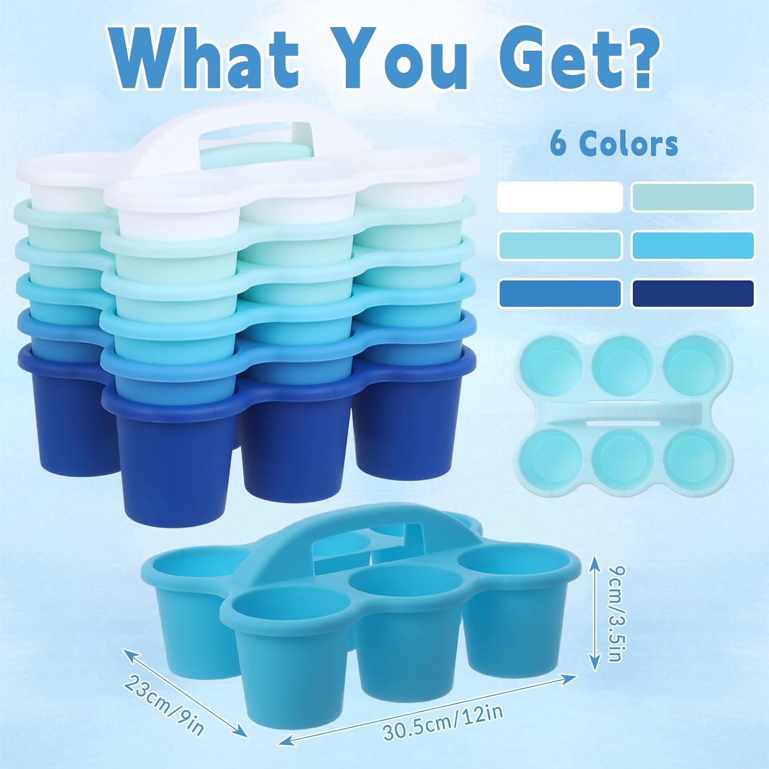 6 Pack Classroom Caddy Organizer with Handle Gradient Blue Plastic Table Caddy Drink Cup Caddies Holder 12x9x3.5 Inches Storage School Supplies 6 Compartments for Table Crayon Pencil Cup Marker Craft