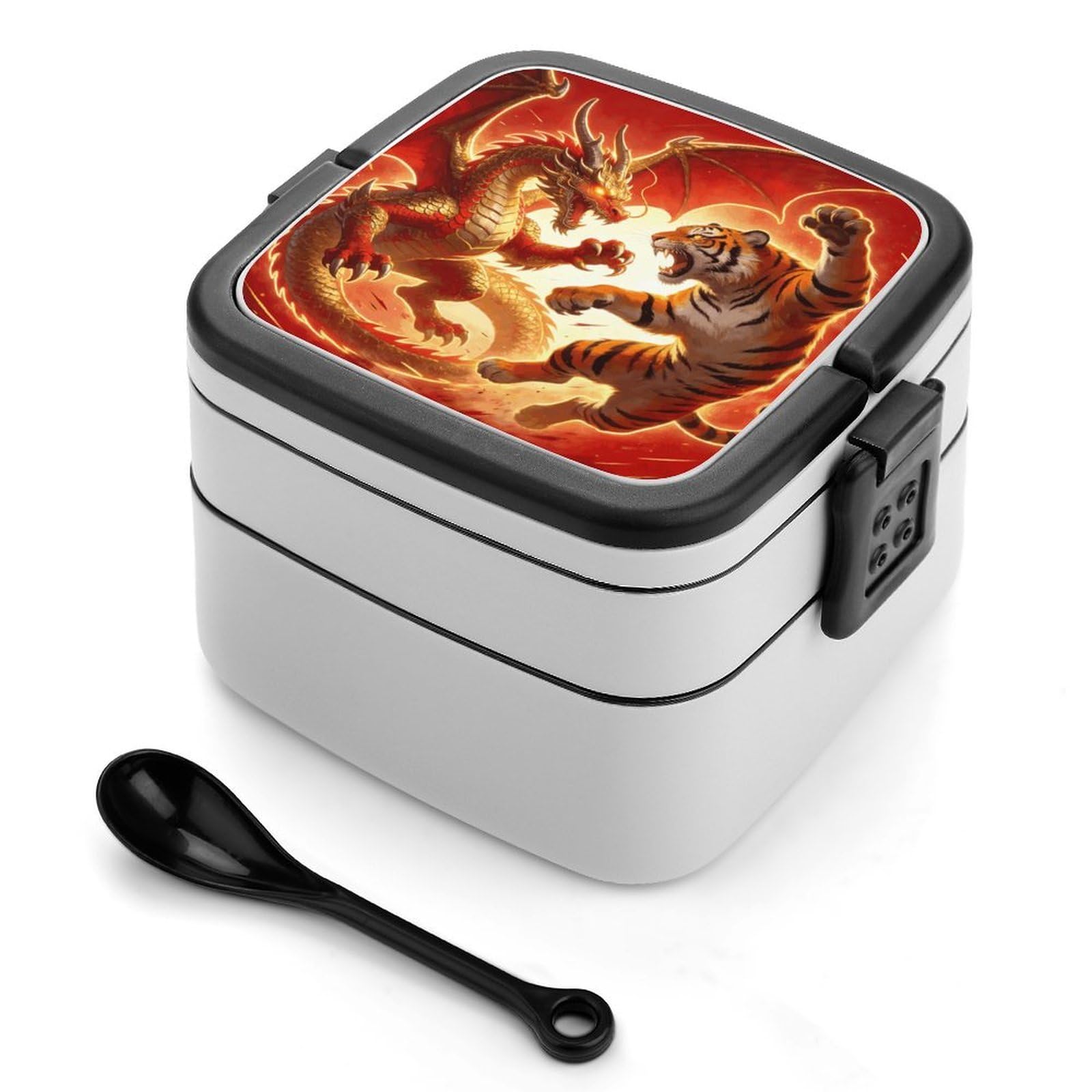 LZQPOEAS Dragon Versus Tiger Bento Box with Handle Spoon Portable Leak-Proof Lunch Box 1000 ML Large Insulated Adult Lunch Boxes 2-Layer Stackable Lunch Container for Work Gym Outdoor
