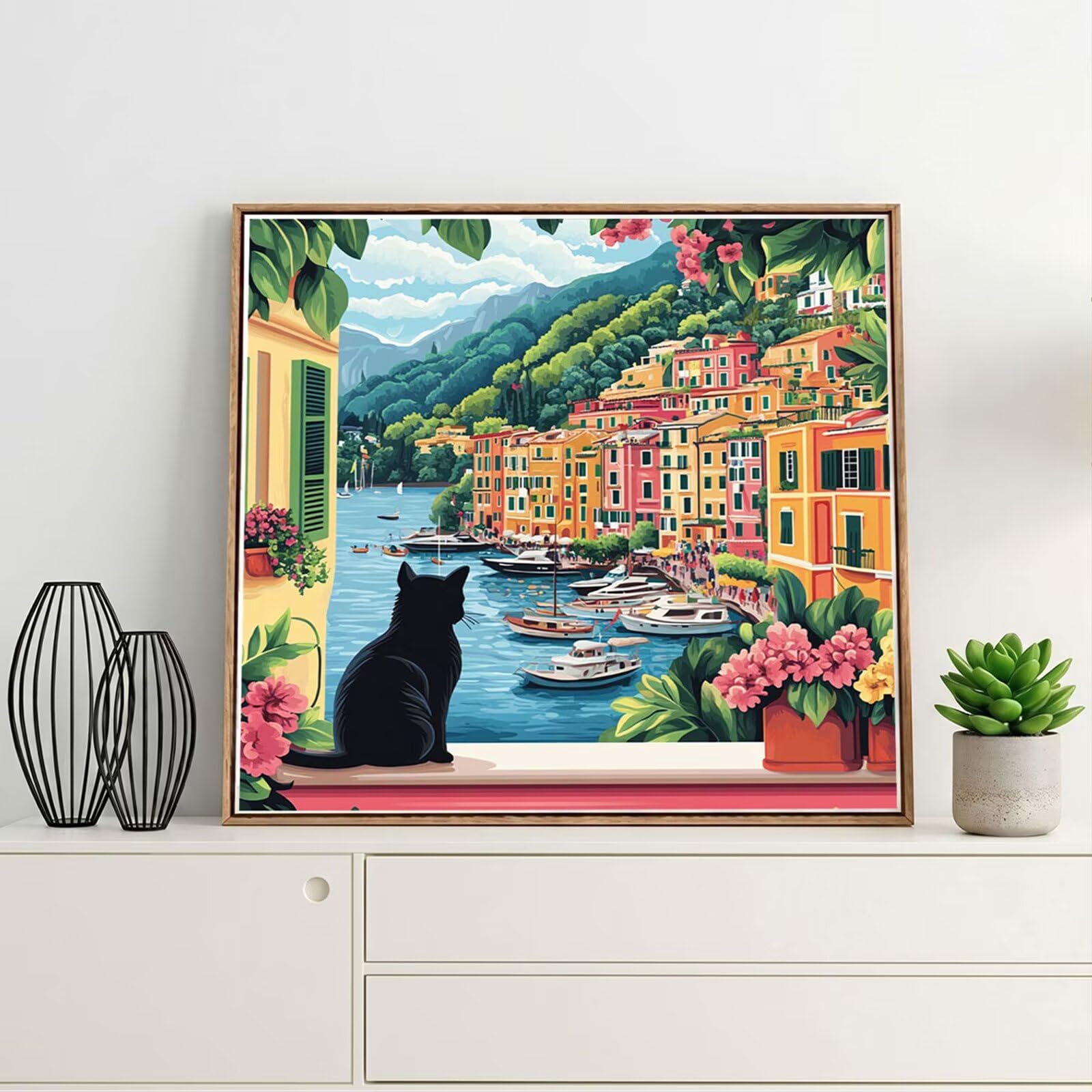 5D Diamond Painting Kit Completo, Diamond Painting Gatto DIY Hobby Creativi Adulti Pittura Diamante Strass Mosaico Kit per Bambini Principianti, Decorazioni Casa Parete Vista mare 90x90cm FX#881