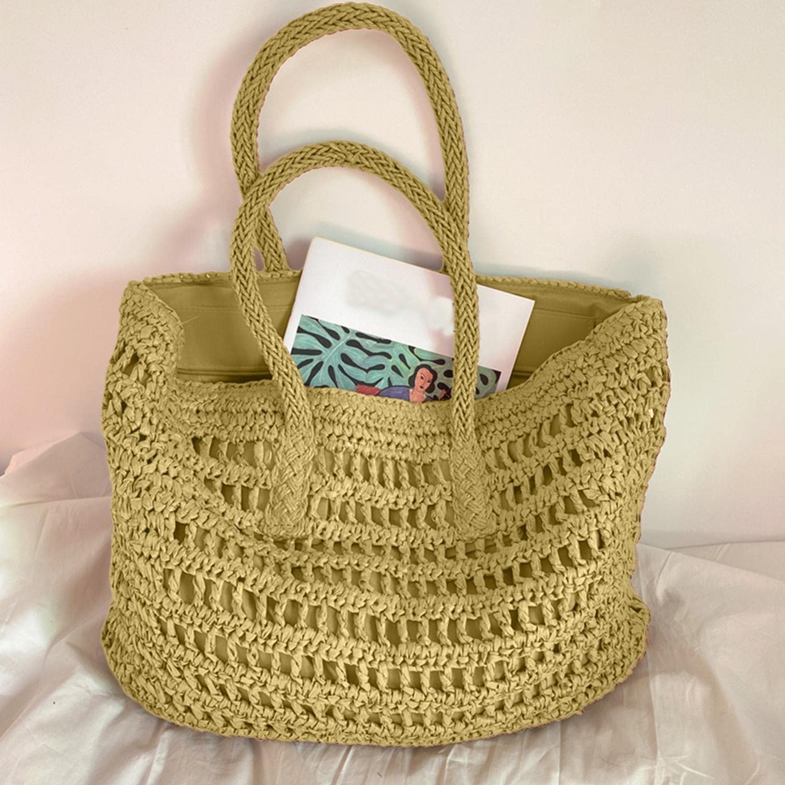 3 sztuki Duża torba ze słomy | Ręcznie tkana torba rattanowa Ręcznie wykonana torba na ramię ze słomą plażowa Summer Bag,Słomkowa torba plażowa dla kobiet, duża tkana letnia torba Torebka Torba na