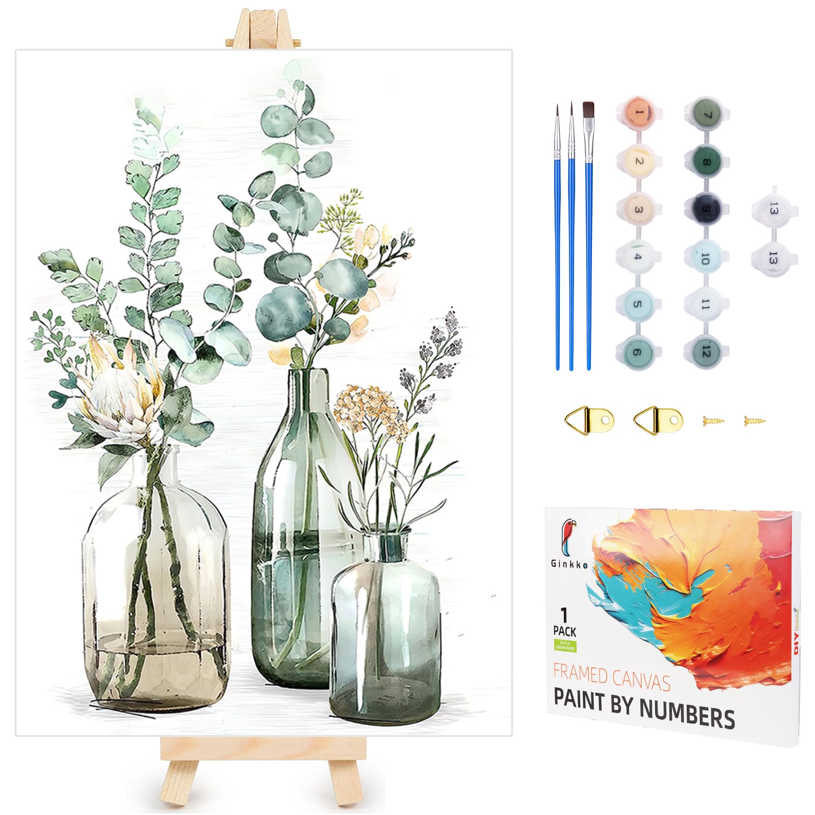 Ginkko Framed Paint by Numbers Kit for Adults Beginner & Kids Ages 8-12, Without Easel, Easy Acrylic on Canvas 8x12 inch with Paints and Brushes, Bottle Flower for Home Wall Decor Gift