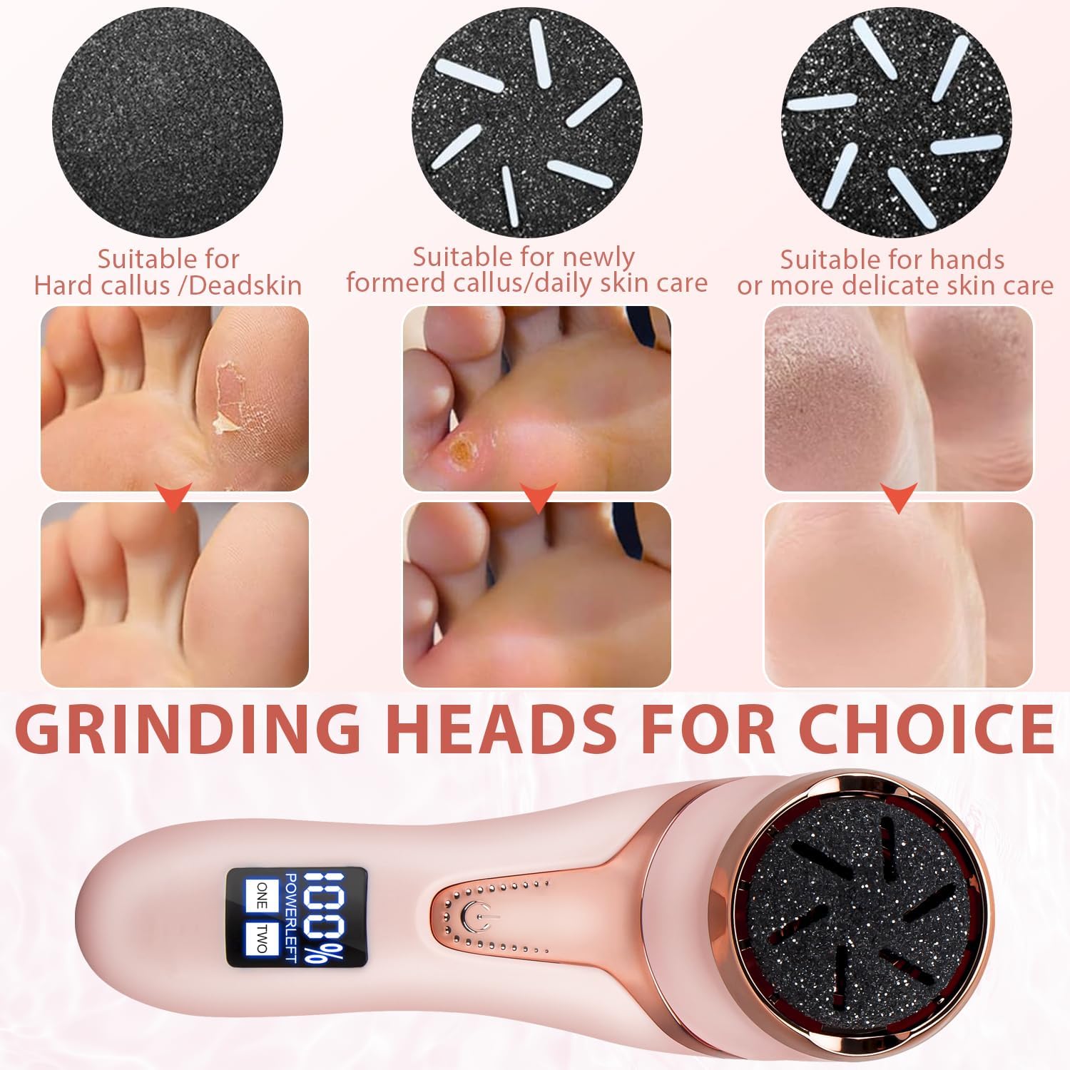Electric Callus Remover for Feet (with Vacuum Cleaner), Rechargeable Foot Callus Remover Pedicure Tools Foot File, Professional Foot Care Kit Deadskin Remover with 3Heads&2Speed,LCD Display-Pink - Image 7