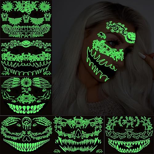 Miniatura 1 de Tatuajes temporales de Halloween para mujeres y hombres, 10 hojas de máscara facial para ojos, tatuajes corporales, tatuajes falsos que brillan en