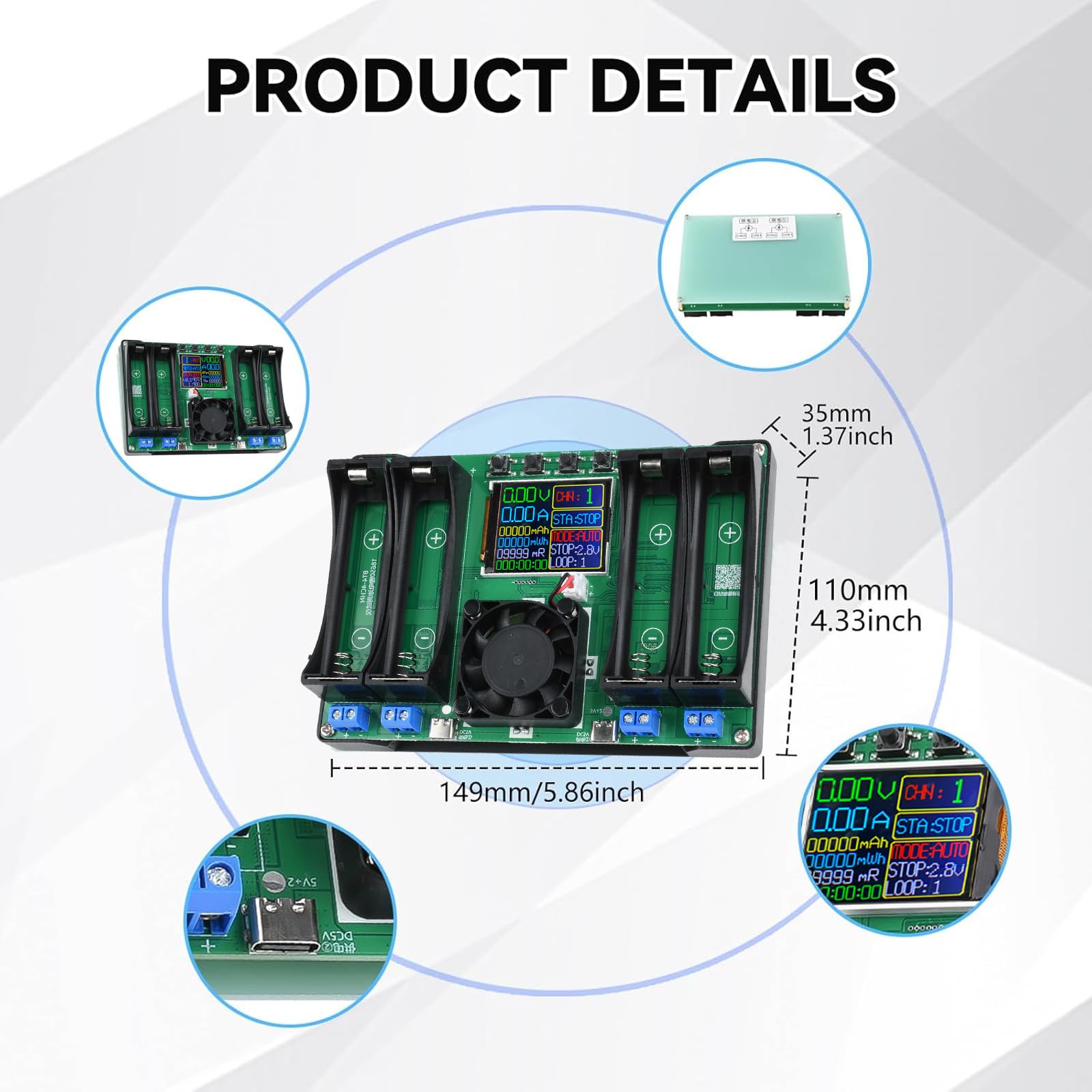Batteriekapazitätstester DC5V Batterie-Innenwiderstandstester Modul Kapazität Spannung Strom Leistung mit Typ-C LCD-Display für Lithiumbatterie 4 Kanäle