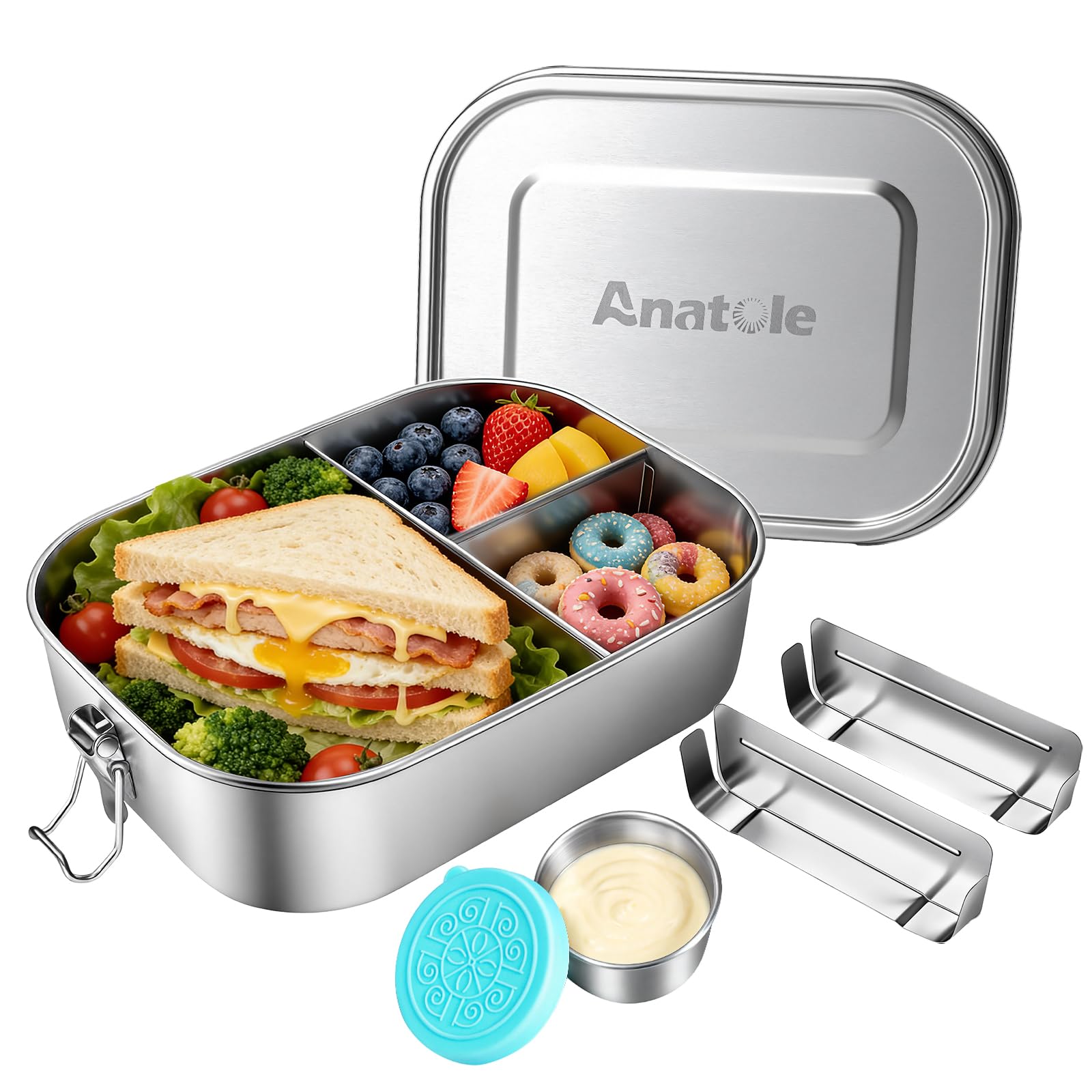 Anatole 304 Stainless Steel Bento Box 49oz 1450ml Leak-Proof Lunch Box 3 Compartments with 2 Removable Dividers 1
