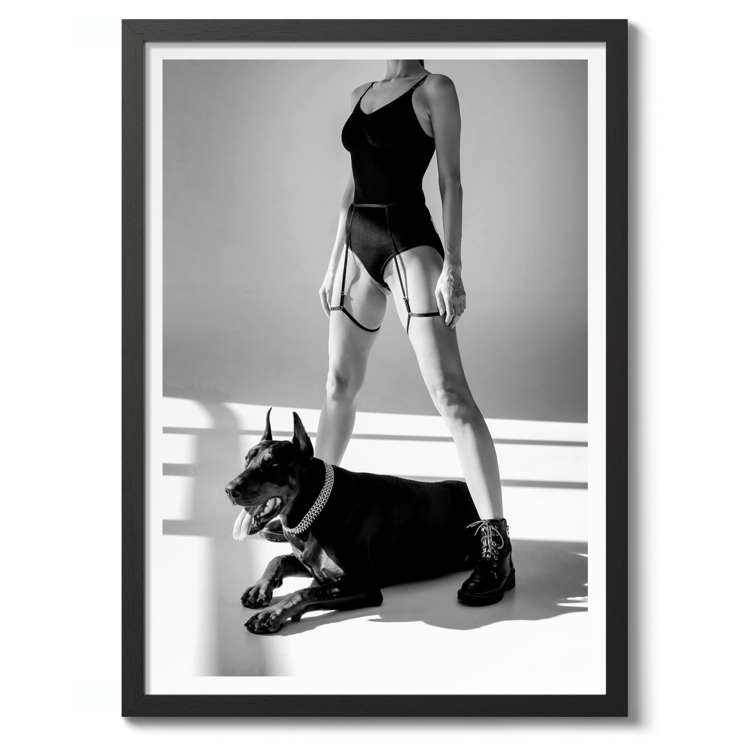 Lady Doberman Poster Black & White Vintage Photography Print Minimalist Modern Interior Decoration, Archival Matte, A2 (Black Frame) - 59.4x42cm