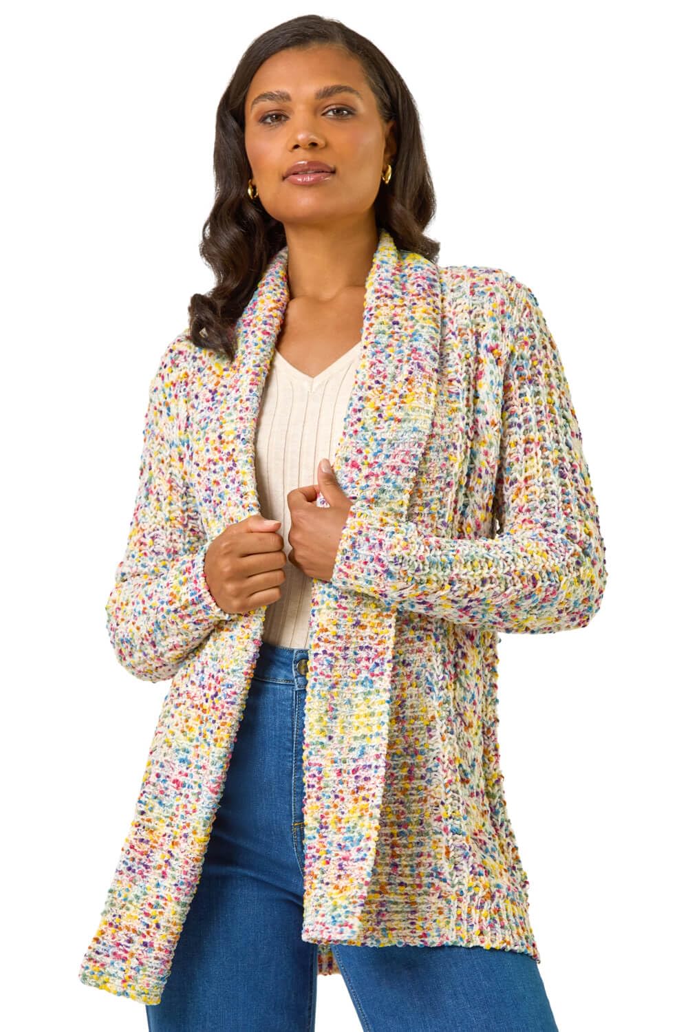 Roman Originals Soft Knit NEP Longline Cardigan for Women UK - Ladies Everyday Autumn Winter Comfy Soft Evening Vacation Work Party Night Out - Ivory - Size 18