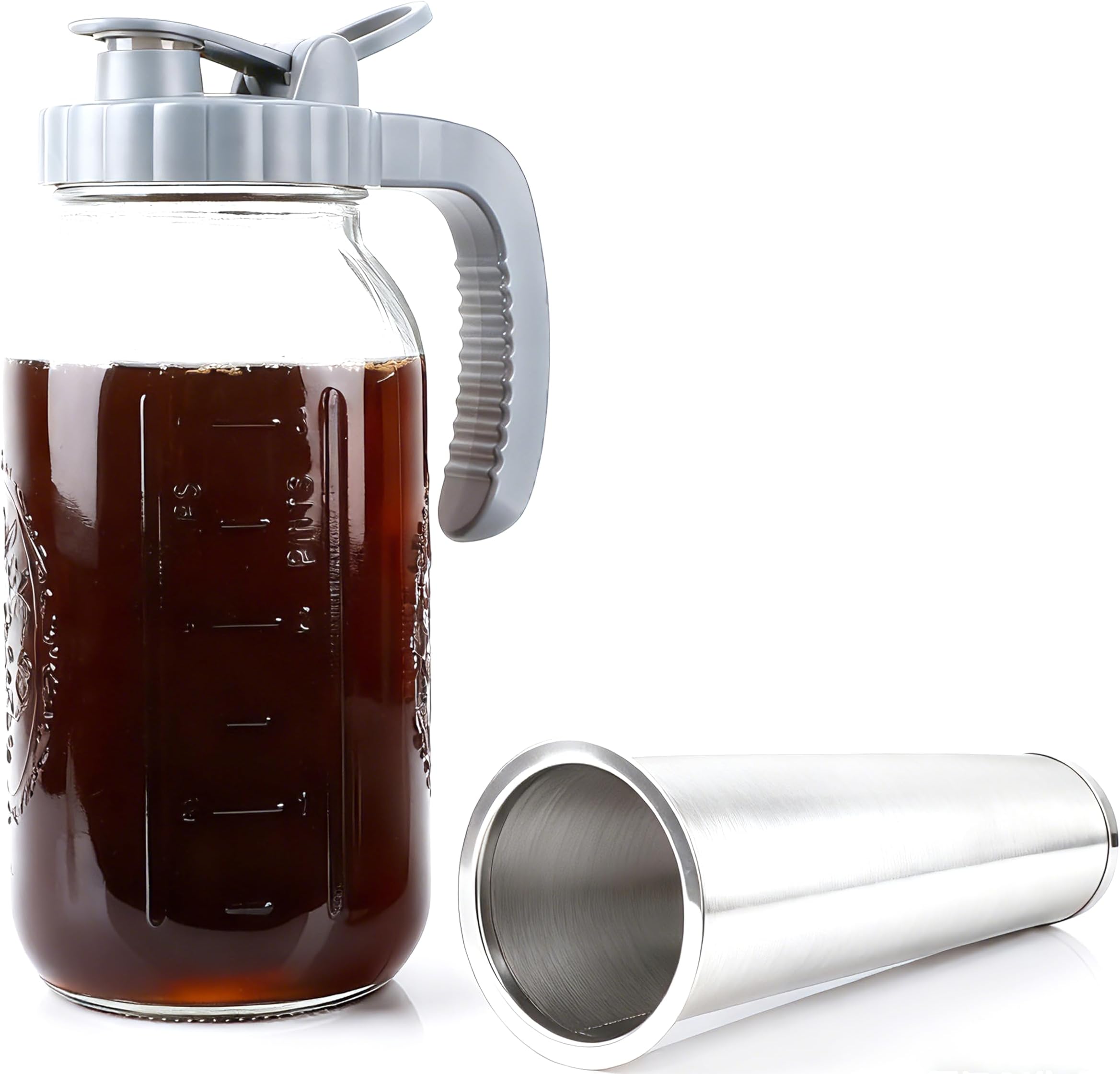 64 OZ Cold Brew Coffee Maker 2 Quart Mason Jar Glass Iced Tea Pitcher With Stainless Steel Filter Half Gallon Pitcher With Spout Lid For Iced Coffee,Tea & Lemonade,Sun Tea Airtight & Leak-Proof
