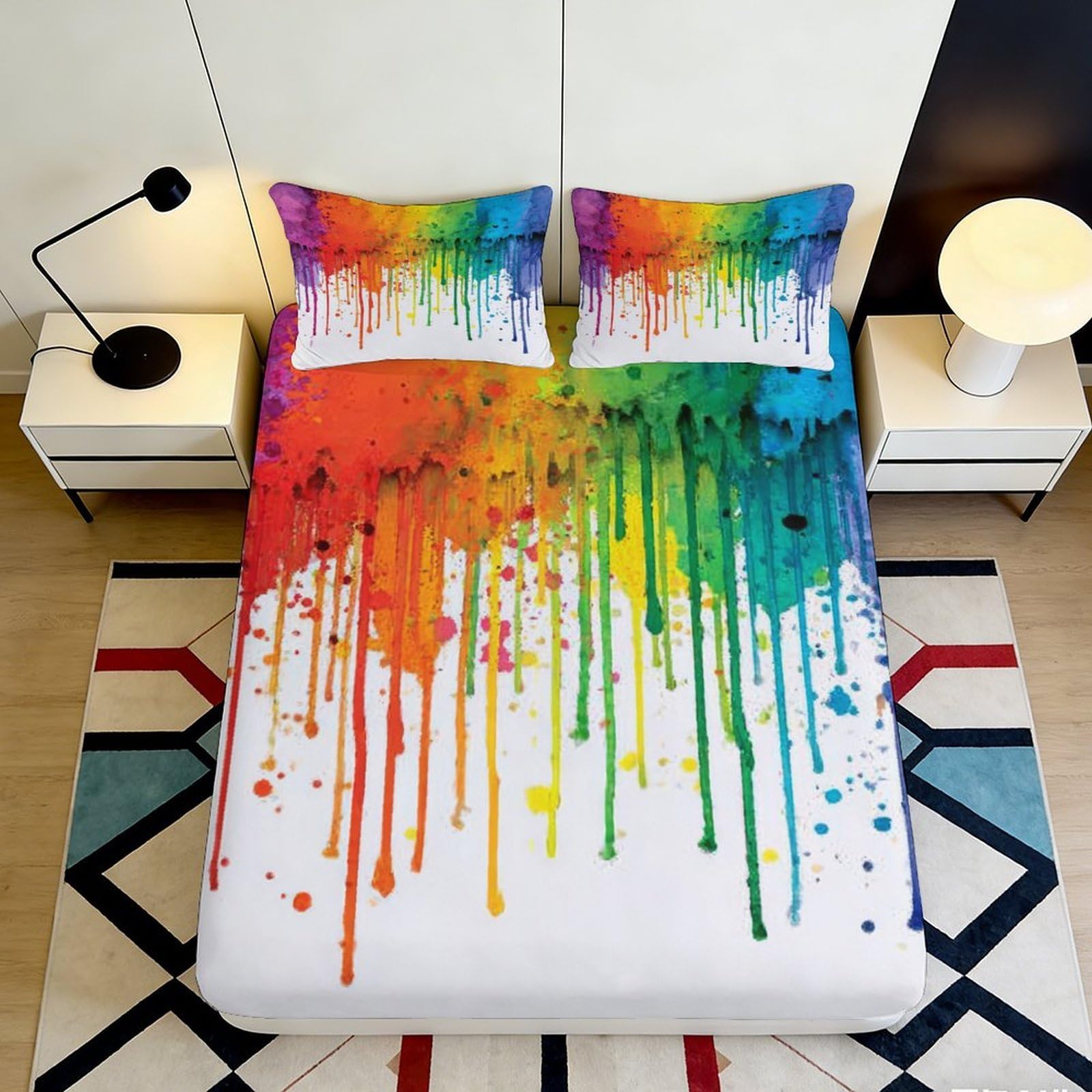 3D Printed Rainbow Splash Fitted Sheet Microfiber Soft Color Drip Mattress Cover for Bedroom Guest Room Decor 140x200x25cm