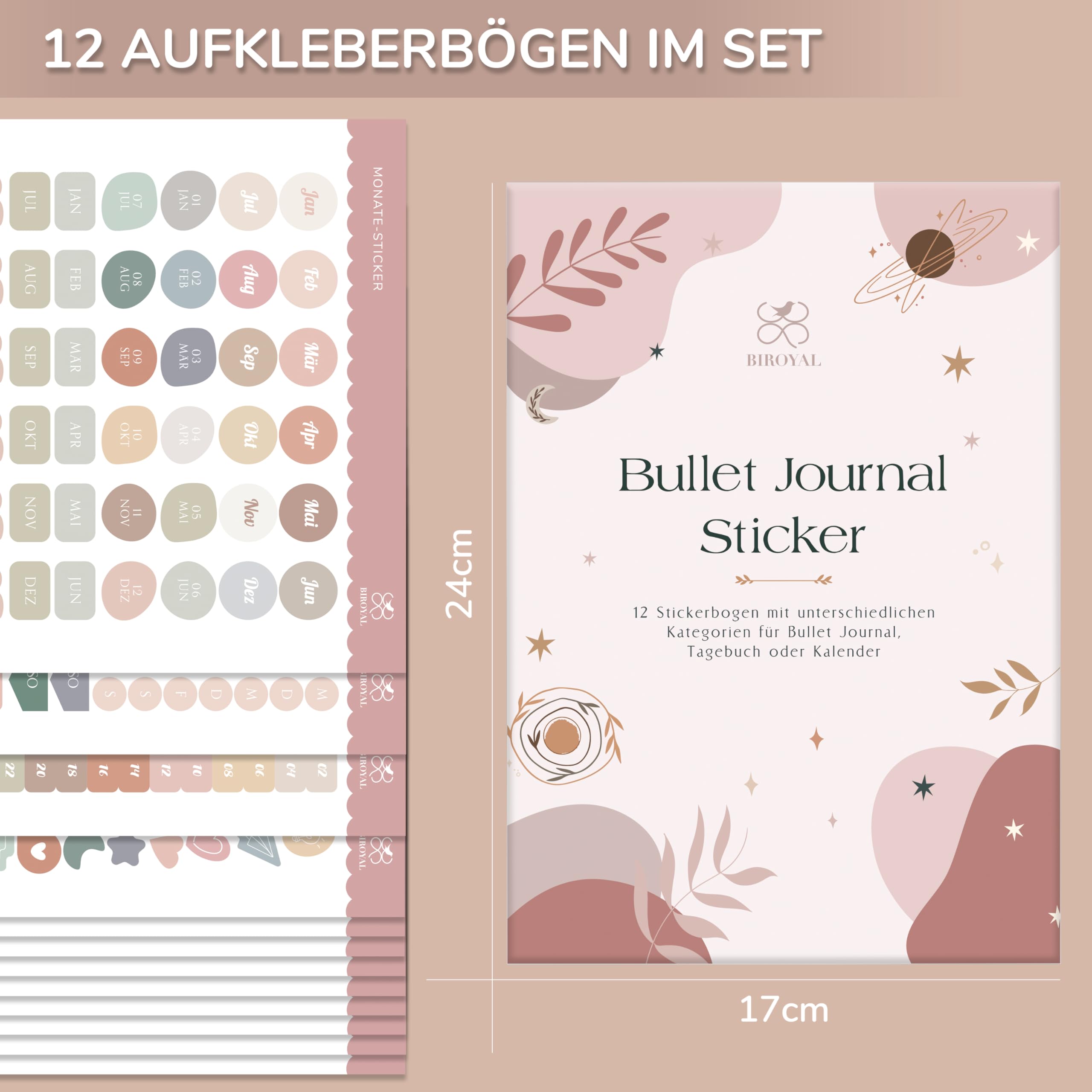 BIROYAL Bullet Journal zestaw naklejek, 12 arkuszy/1000 naklejek, naklejki na kalendarz, kalendarz do dziennika i planera