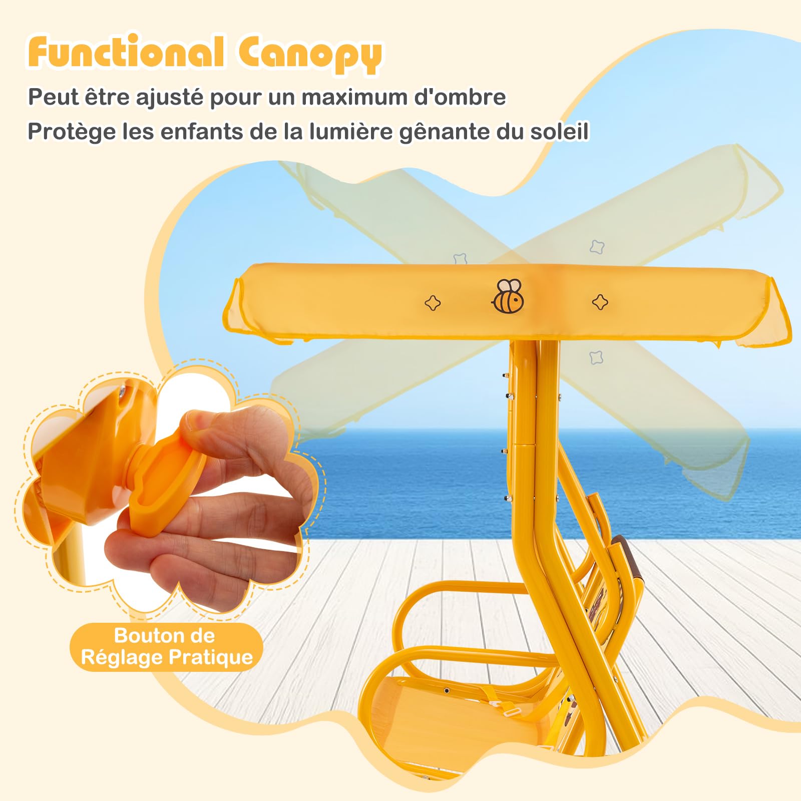 COSTWAY Balancelle de Jardin Extérieure Enfant 2 Places avec Motif Ours & Auvent Réglable, Balançoire de Patio avec Ceintures de Sécurité, Charge Max 80KG pour 3 Ans+, 112x76,5x111 cm