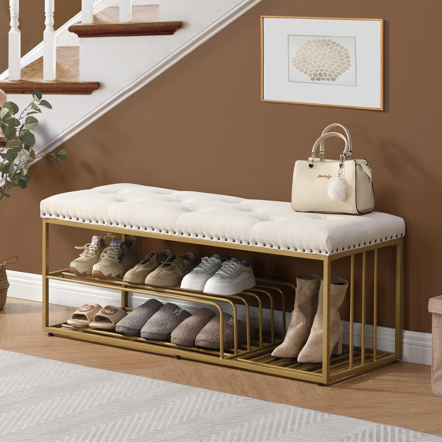 linen bench with storage-entryway shoe storage with tufted padded seat,gold mental frame ottoman bench for bedroom entry window mudroom living room,beige