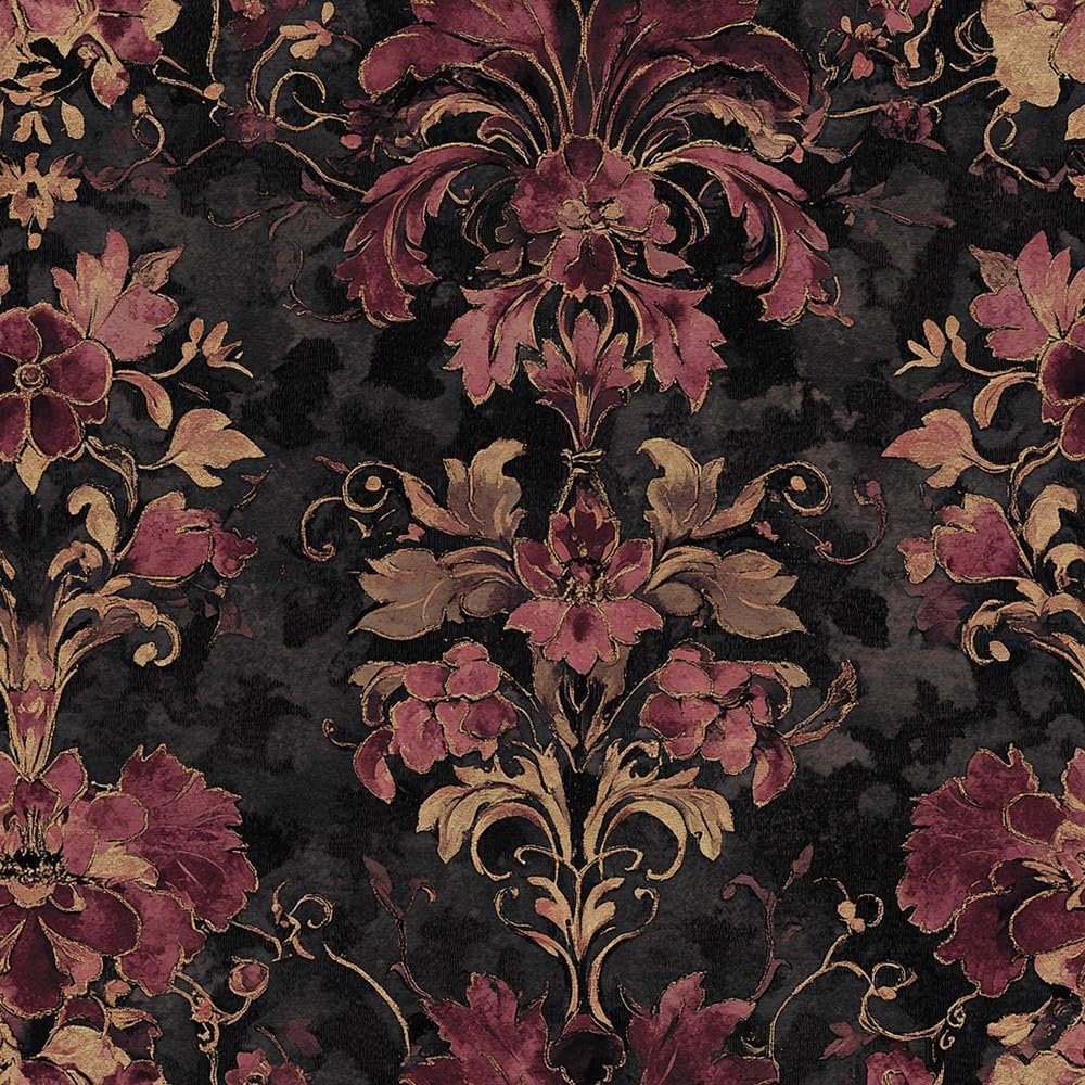 18"x236" Baroque Texture Dark Burgundy Flower Leaf Peel and Stick Wallpaper Self Adhesive Removable Easy Peel Off Stick on Wall Paper for Bedroom Cabinet Renter