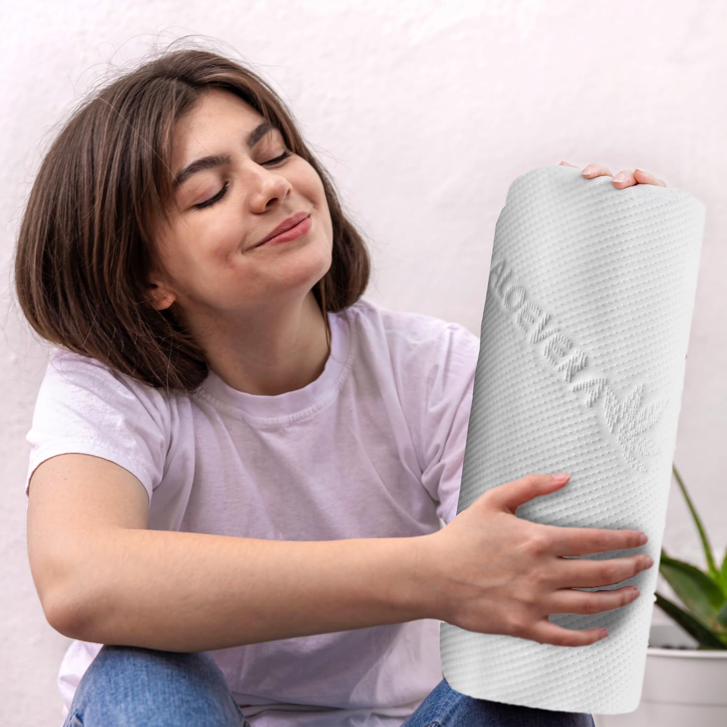 Knie- und Nackenrolle aus Memory-Schaum, Weiß, 40 x 15 cm, mit Aloe Vera Bezug, abnehmbar und waschbar