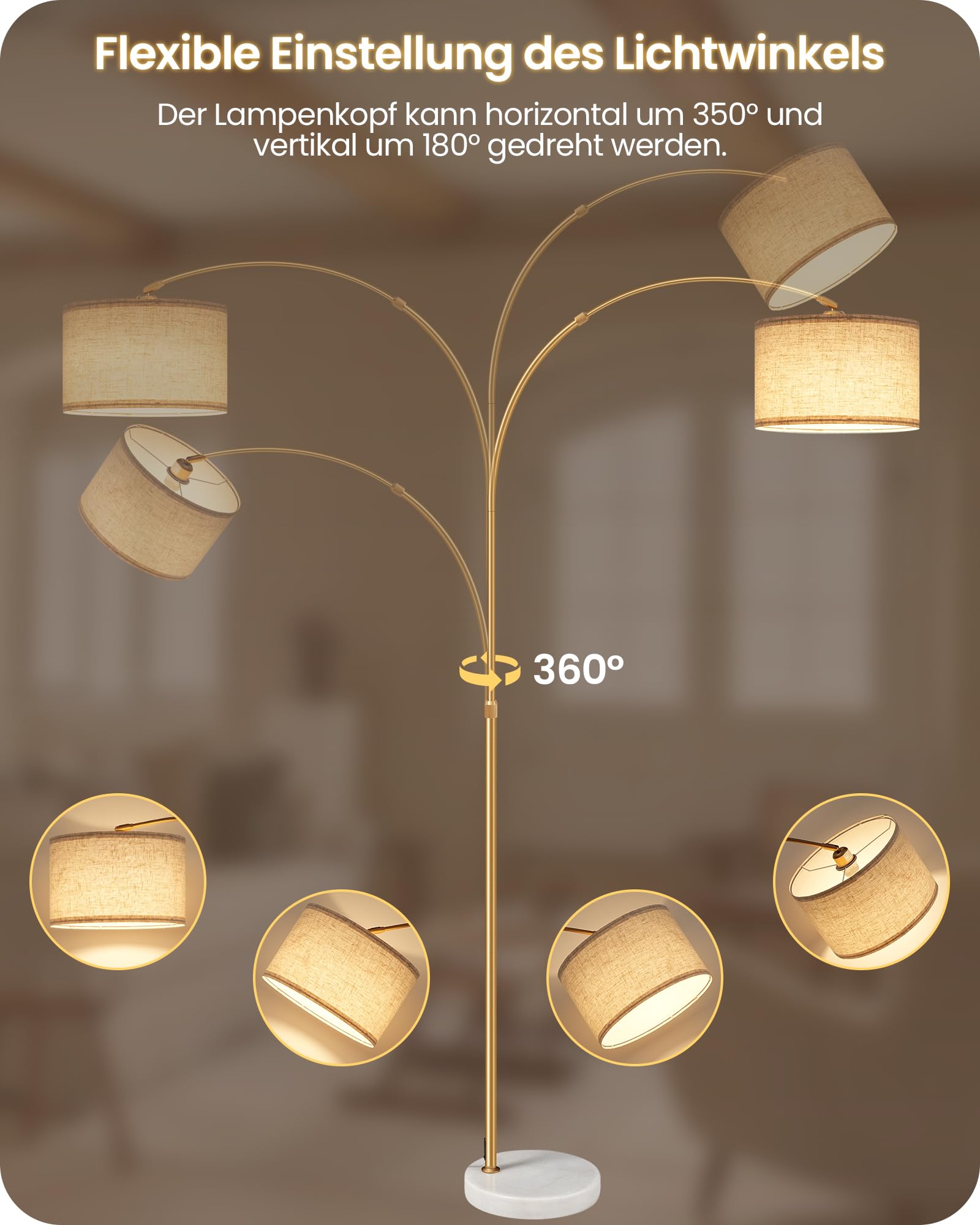 Lámpara de Pie Arco, Altura Ajustable 158-188cm, con Bombilla LED y Mando, Tegulación Continua de Brillo y 3CCT, Luz Direccional con Cabezal Orientable y Base Pesada, Beige y Oro