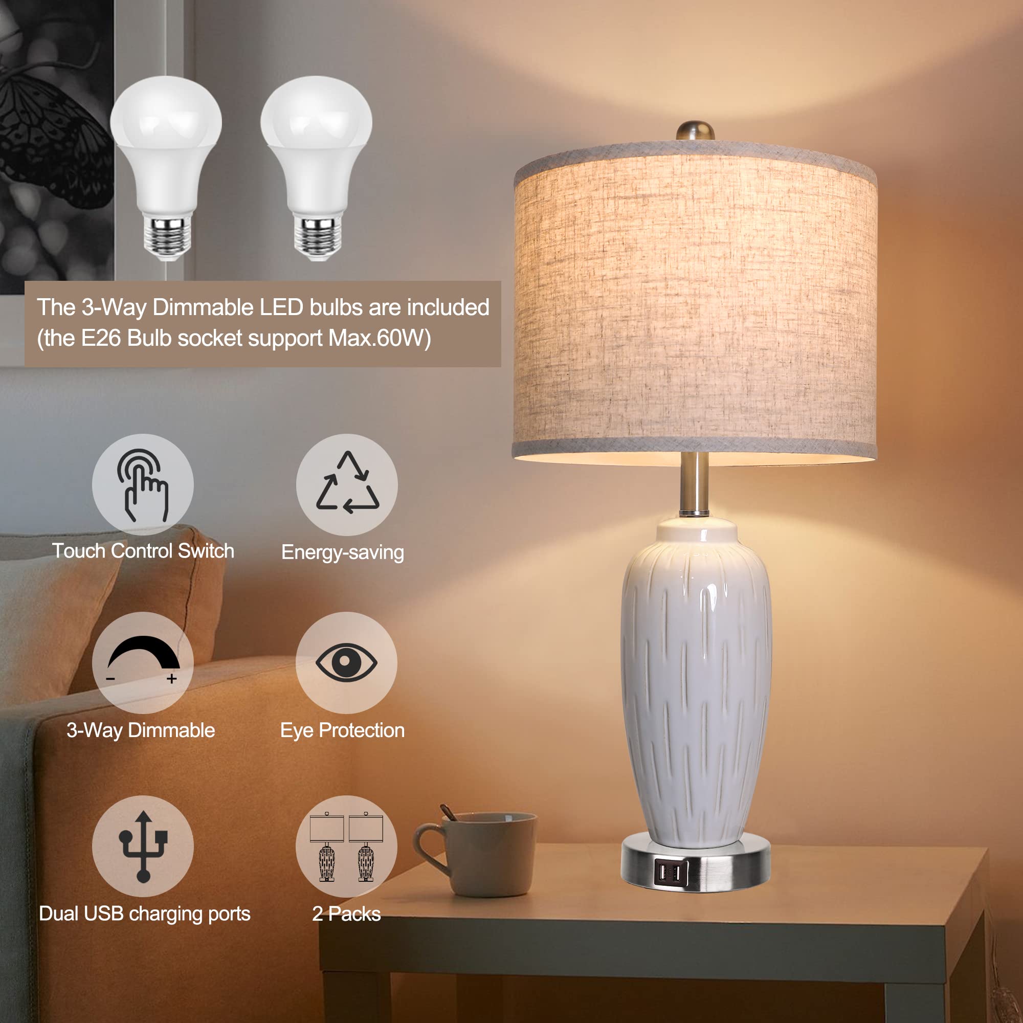 QiMH Ceramic Table Lamps Set of 2 with Touch Control, Farmhouse Bedside Lamps for Living Room, 3-Way Dimmable, Dual USB Ports, Oatmeal Linen Shade Nightstand Lamp Decor, LED Bulbs Included