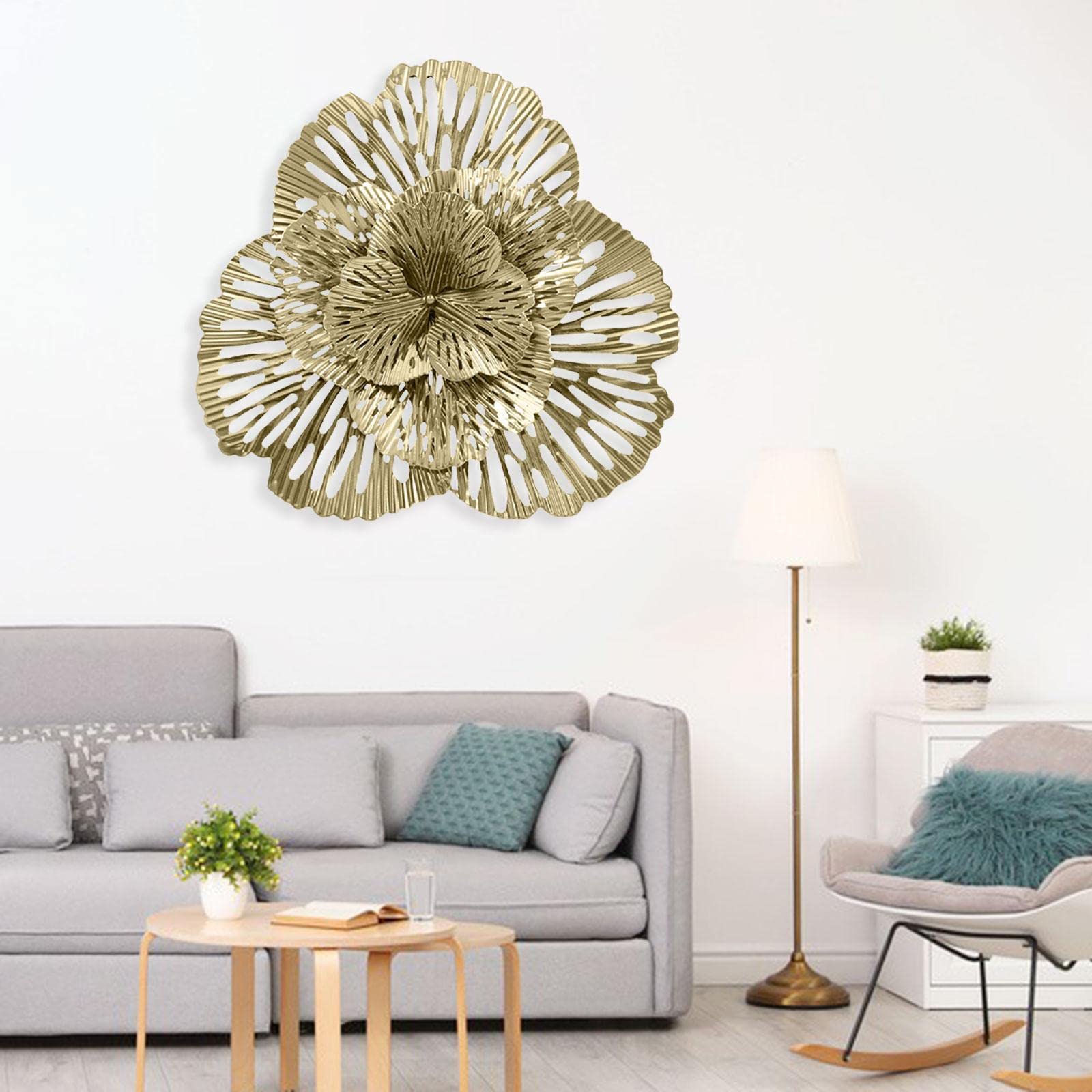 Duiaynke Grande decorazione da parete in metallo con motivo floreale e foglie, decorazione da appendere alla parete, decorazione per ufficio, portico, decorazione per la casa (aureato triangolare