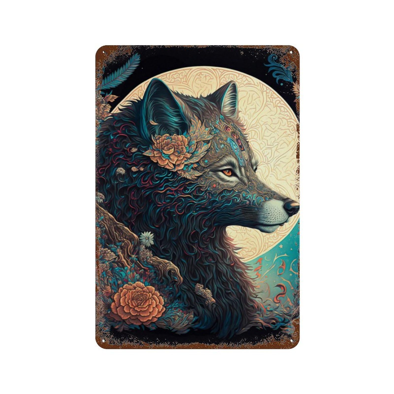 Distressed Metal Wall Sign with Magical Wolf Art Print -2 Design 11.8"x7.9", for Cafe, Home Bar And Lounge Decor, Retro Wall Decor