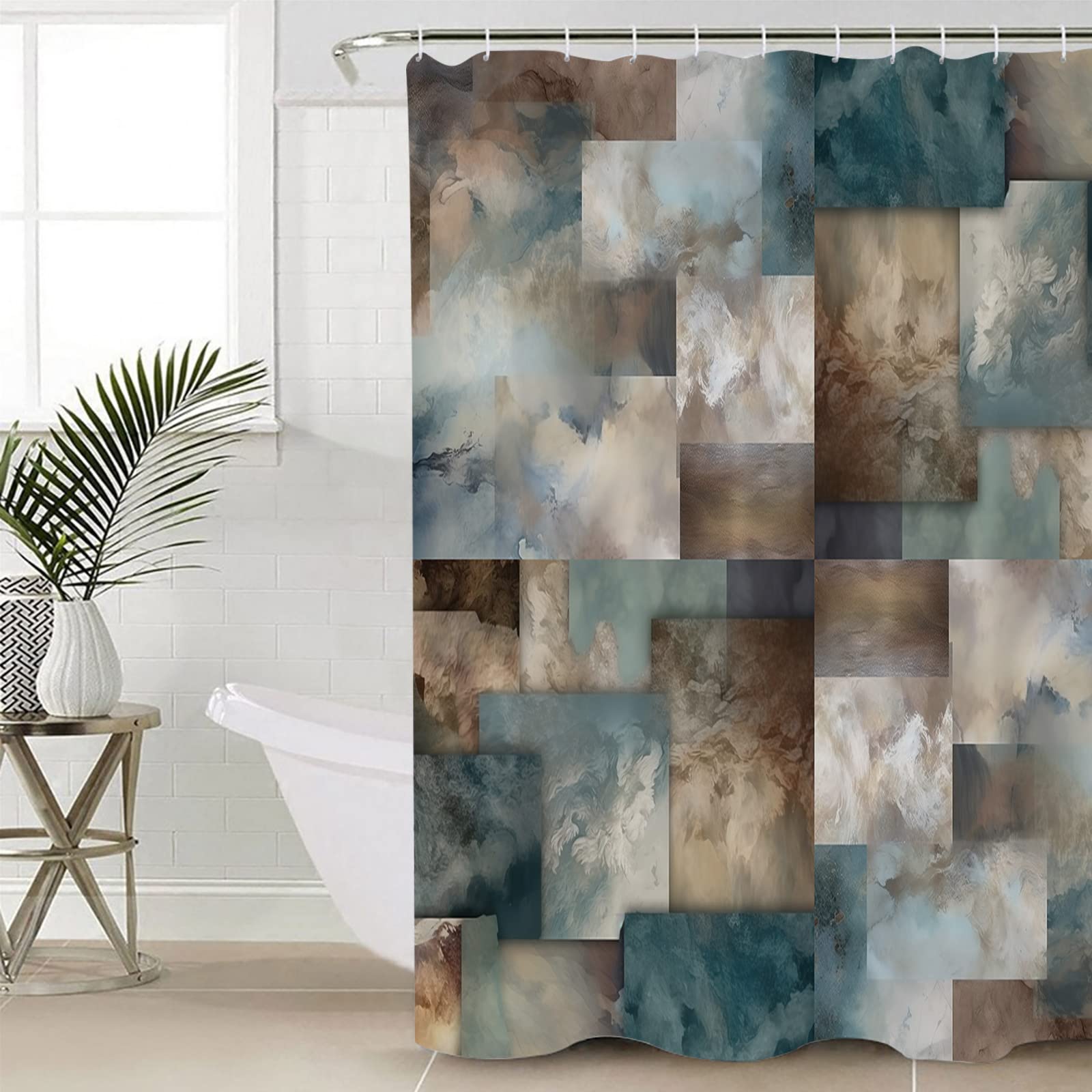 Blue Brown Geometric Shower Curtain Set - Standard 72" x 72" Washable Bathtub Curtain with 12 Hooks, Modern Ombre Abstract Art Waterproof Fabric Stall