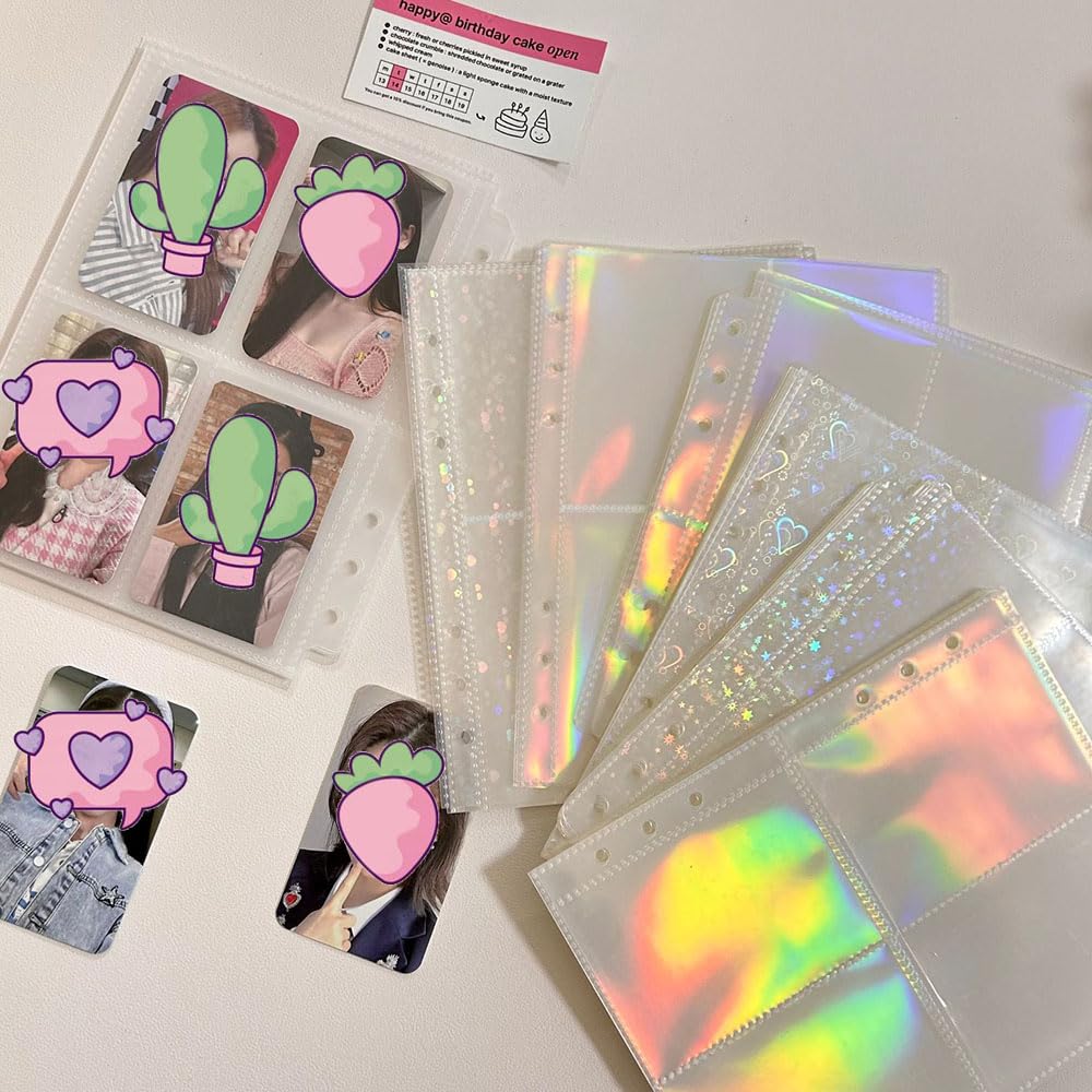 12 fogli A5 buste per raccoglitori di carte con 8 tasche, 6 tasche per raccoglitori di carte a 6 anelli, maniche double-face per fotocard laser, stelle, fiori, cuore, pagine per album fotografici